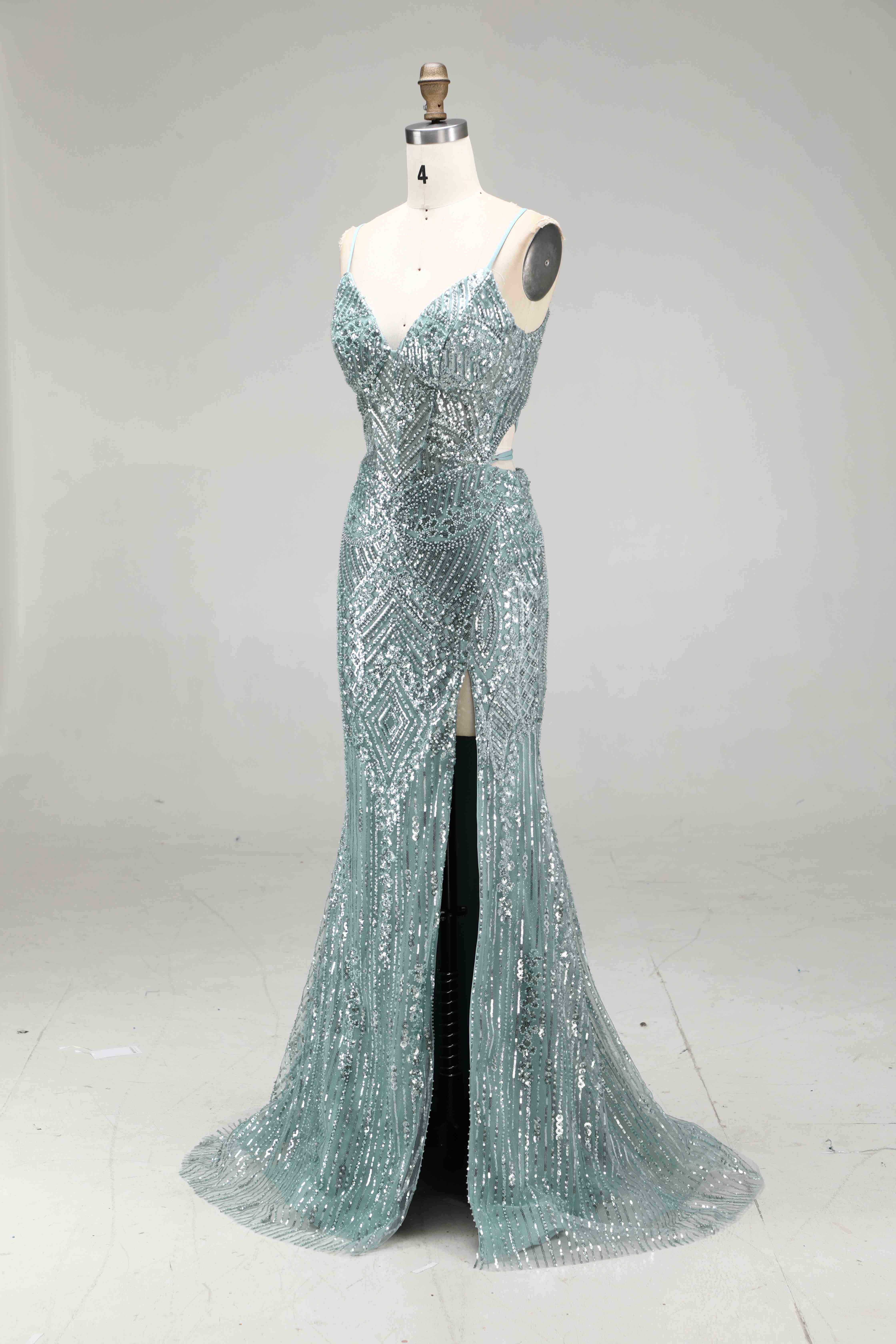 SPU - 608S40LF006 Sage Green Beaded Slit Spaghetti Strap Gown