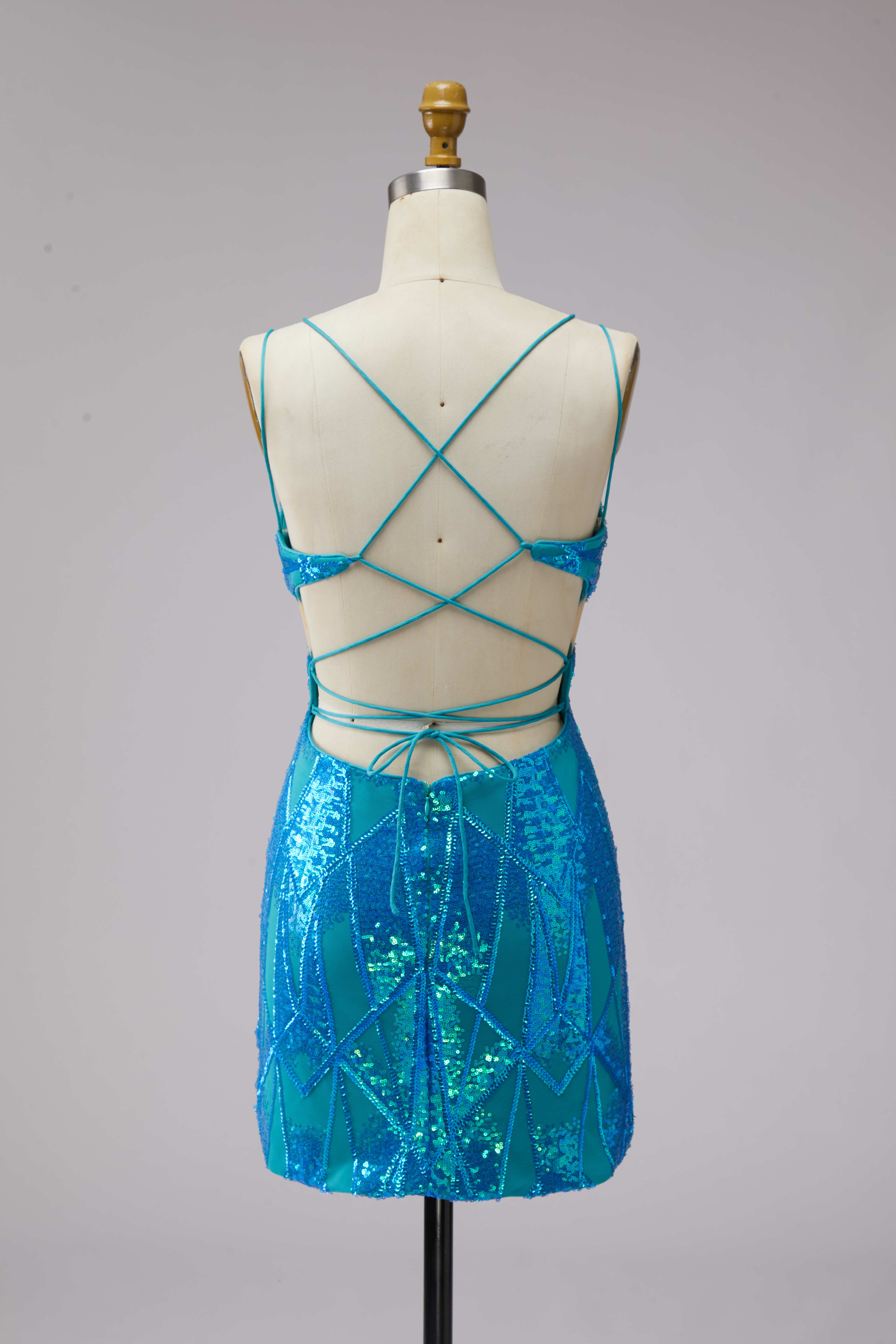 SPU - 608S40LF007 Turquoise Sequin Cut‑Out Spaghetti Strap Mini Dress