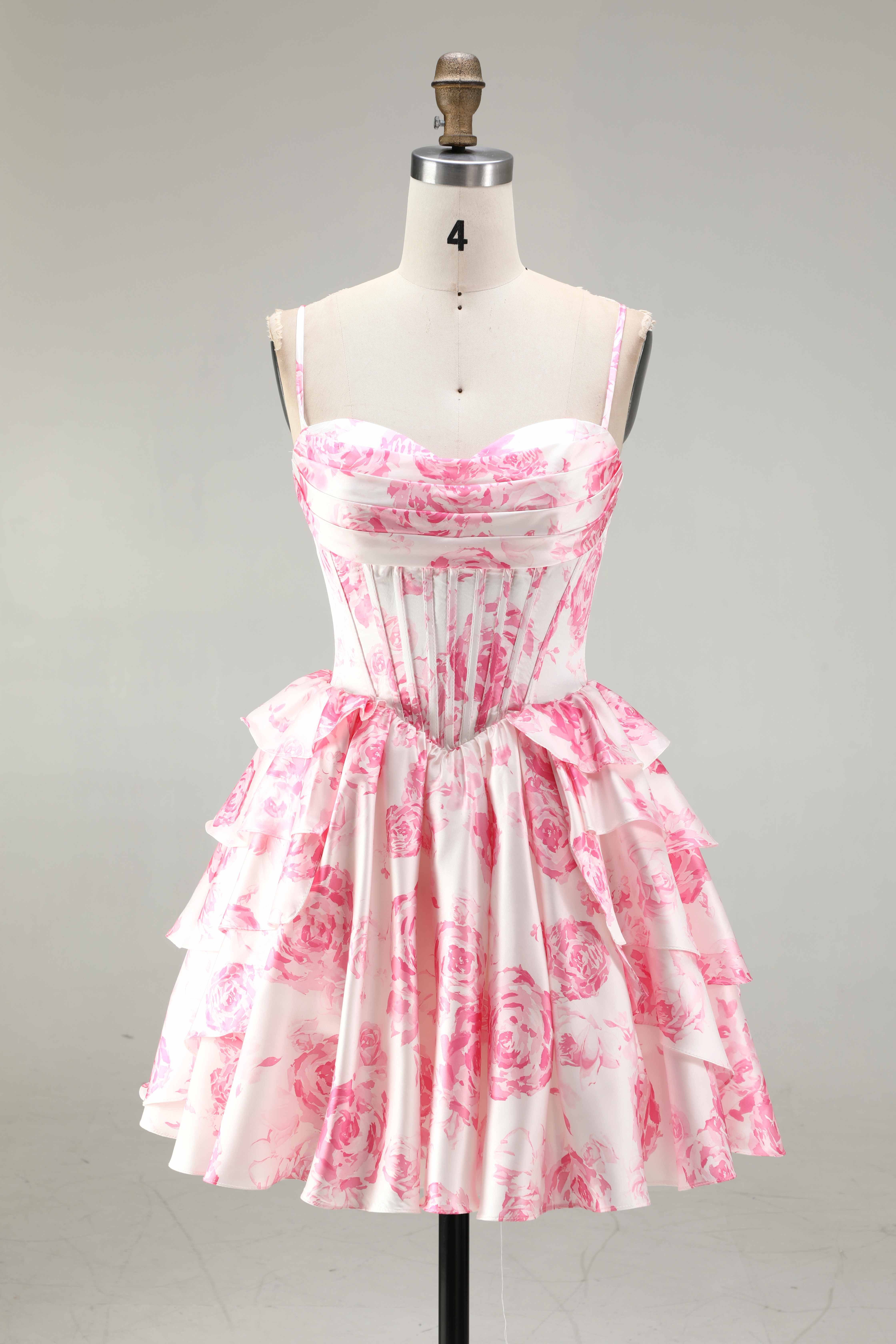 SKU - 608S02LF0031  Pink Corset A-Line Floral Homecoming Dress