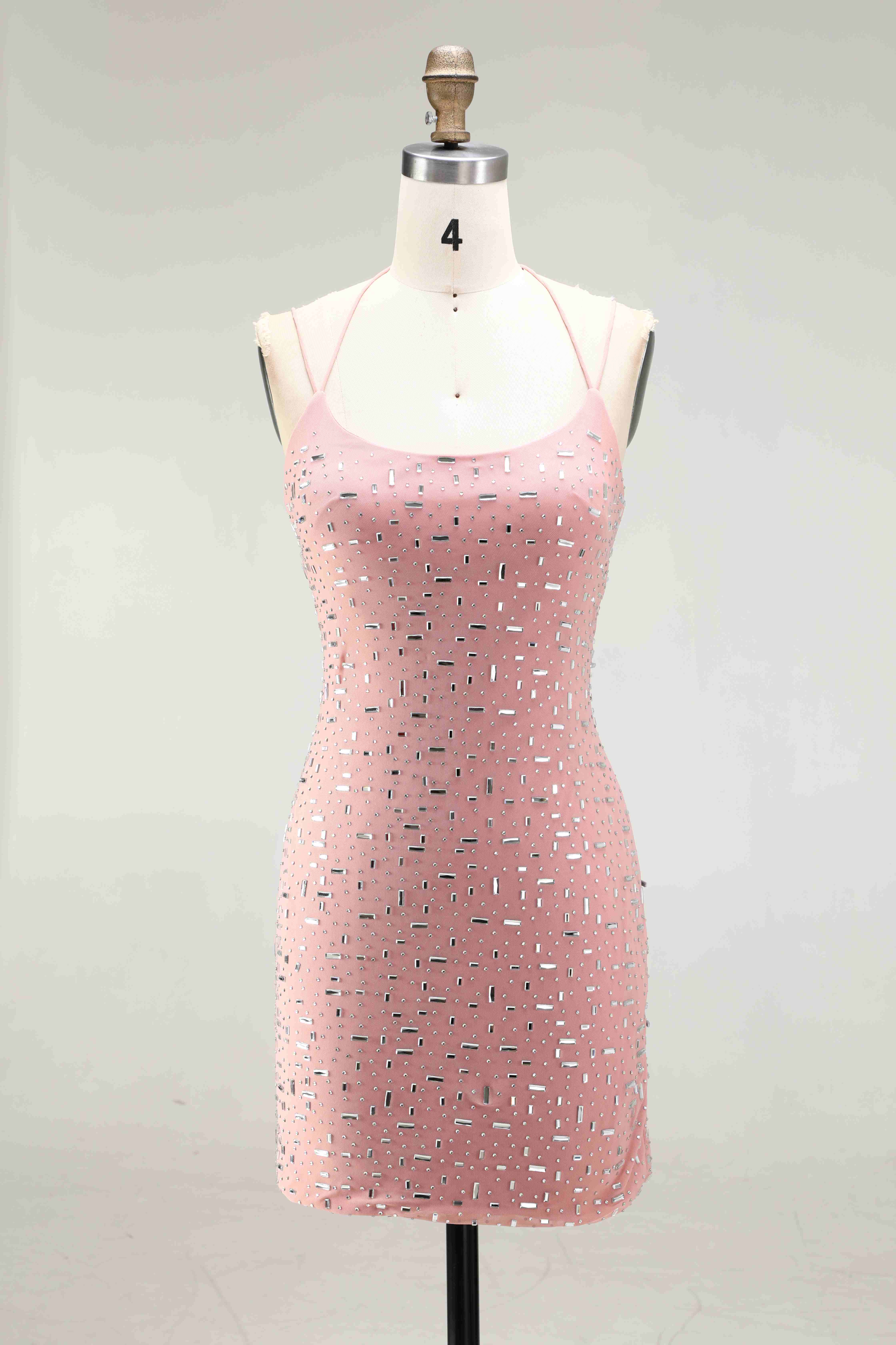 SPU - 608S40LF010 Pink Spaghetti Strap Beaded Bodycon Dress