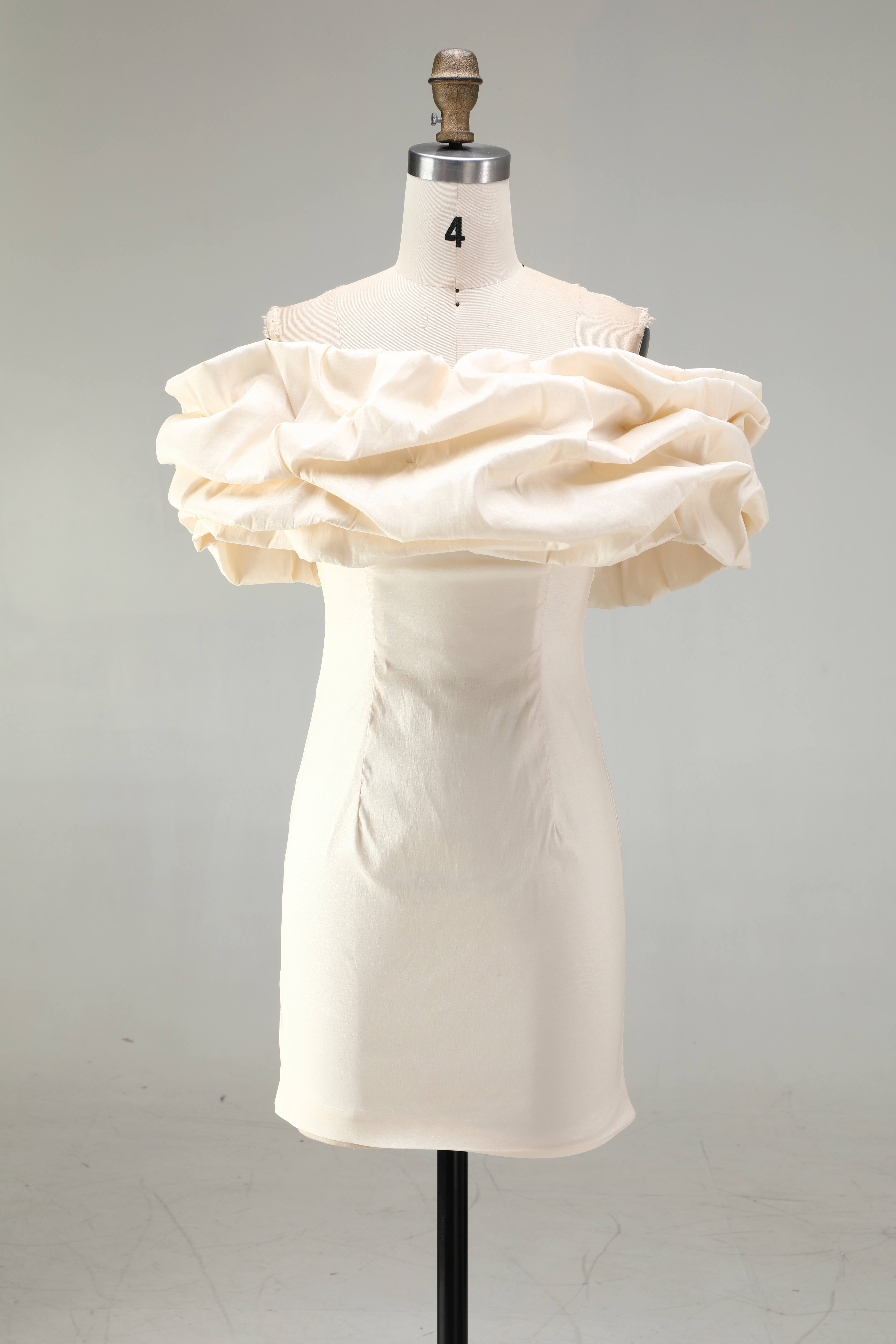 SPU - 608S40LF012 Ivory Off‑Shoulder Ruffle Bodycon Dress