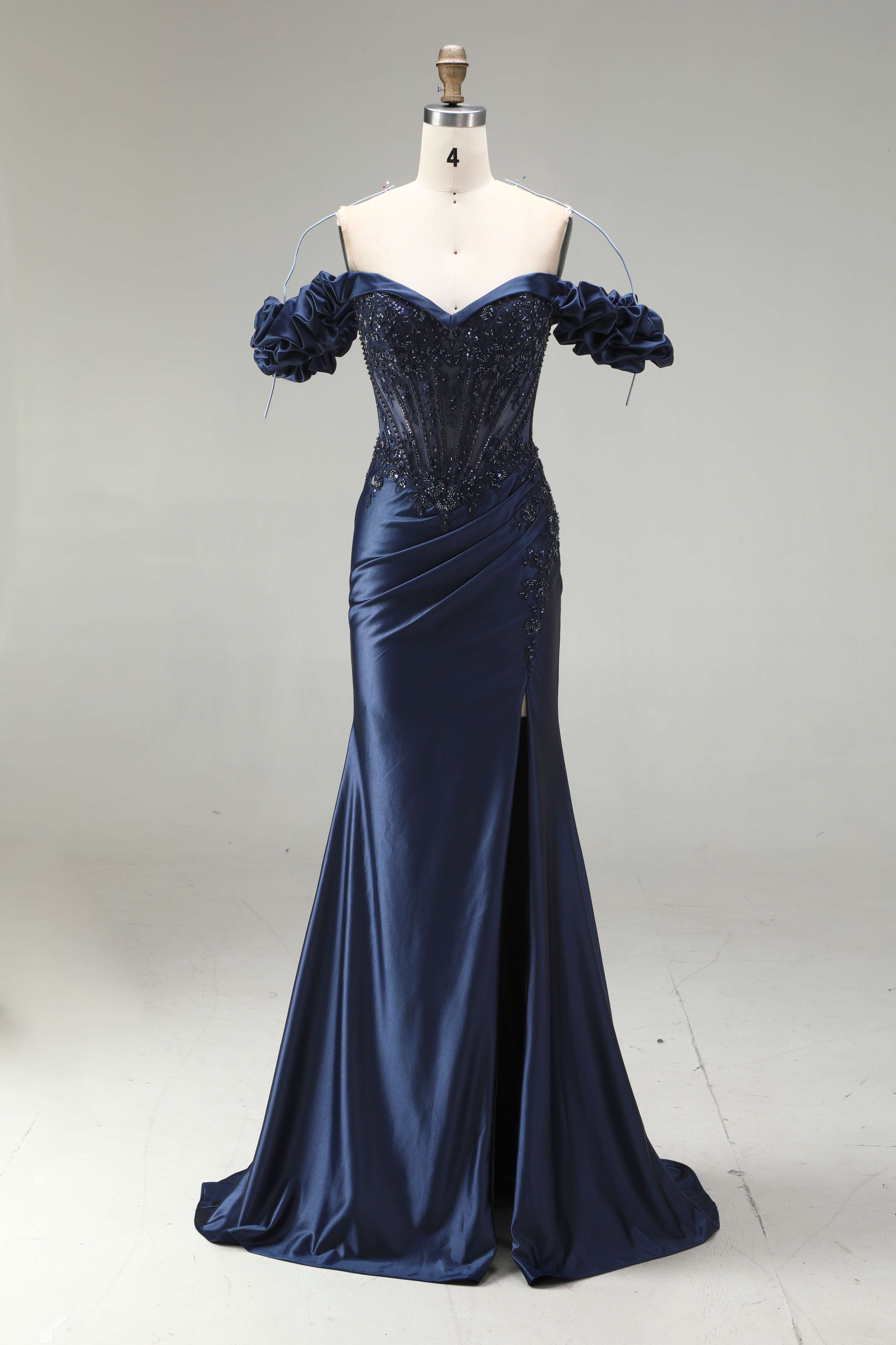 SPU - 608S20LF002 Navy Blue Off‑Shoulder Slit Mermaid Gown