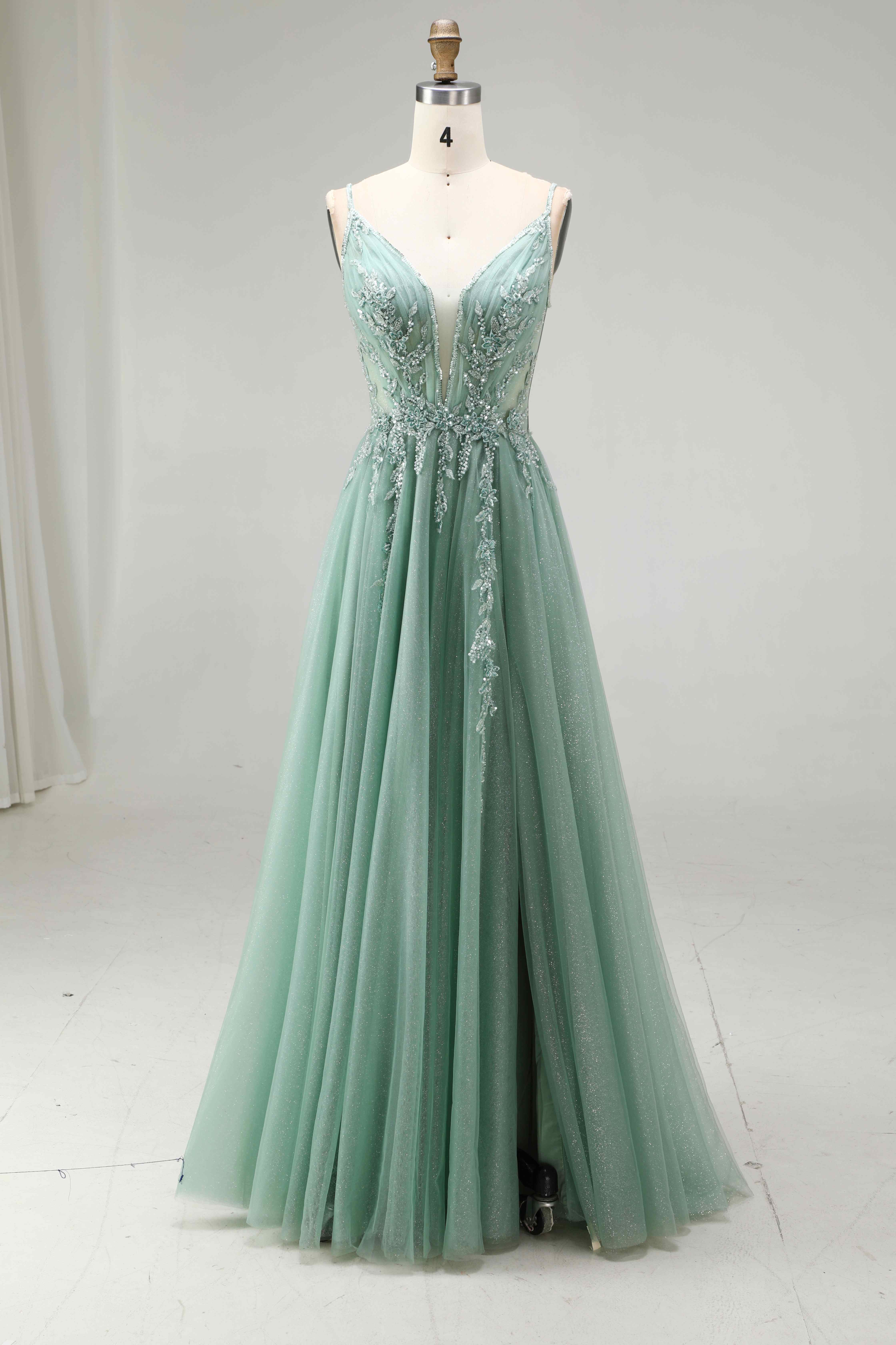 SPU - 608S20LF004 Sage Green Lace A‑Line Tulle Prom Dress