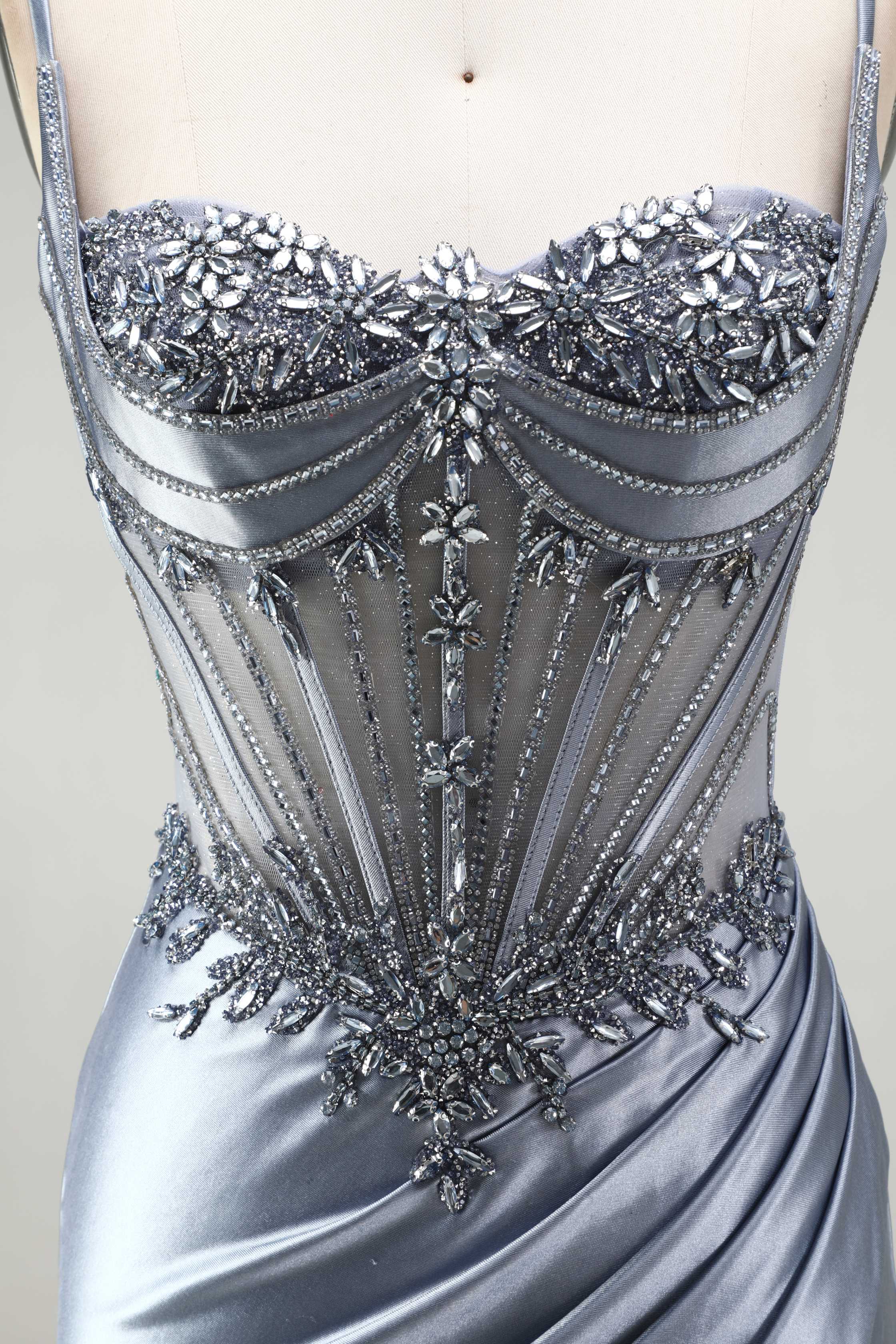 SPU -608S20LF005 Dusty Blue Satin Ruched Slit Mermaid Gown