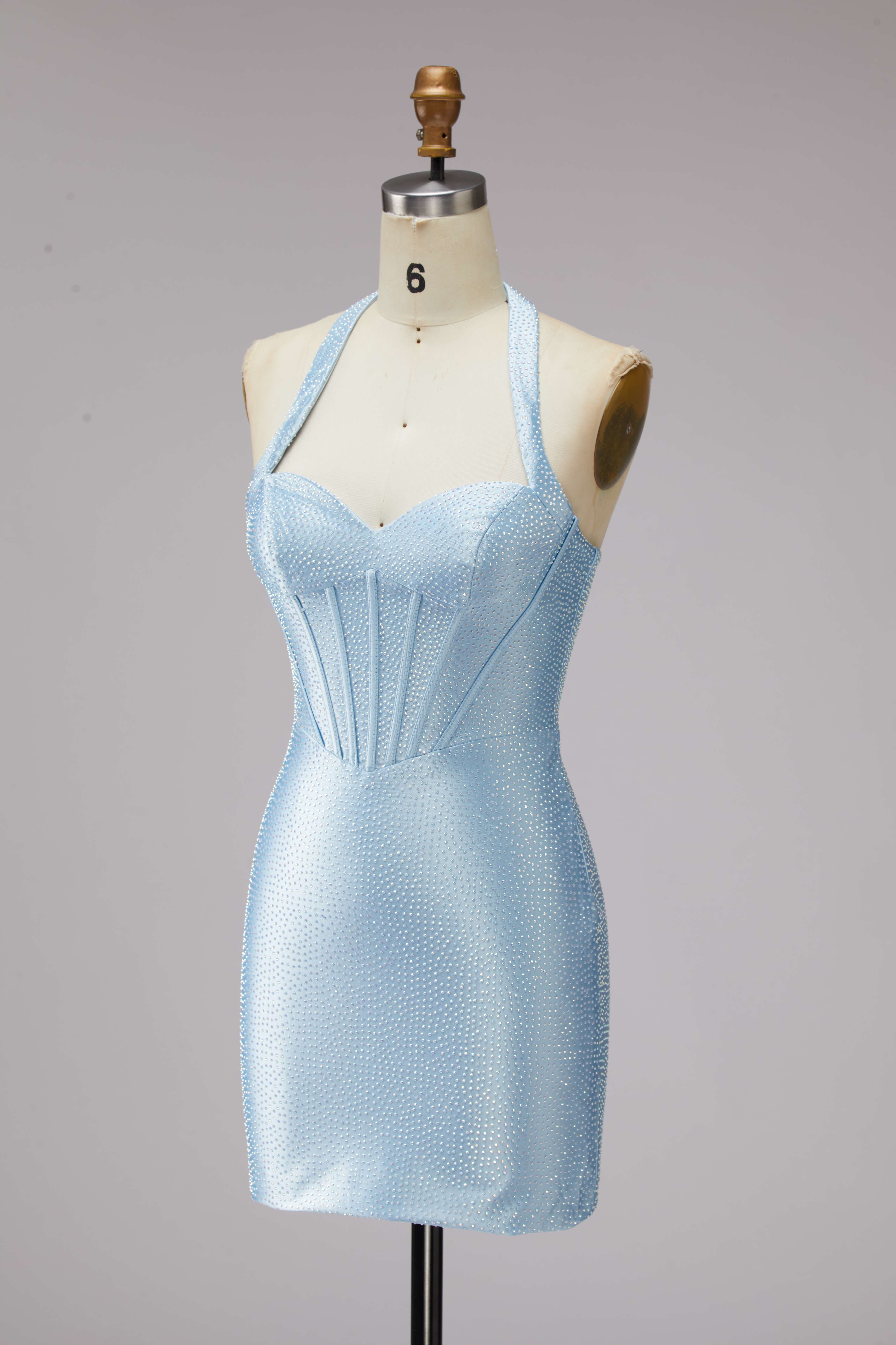 SKU - 608S02LF0032 Light Blue Halter Corset Bodycon Homecoming Dress