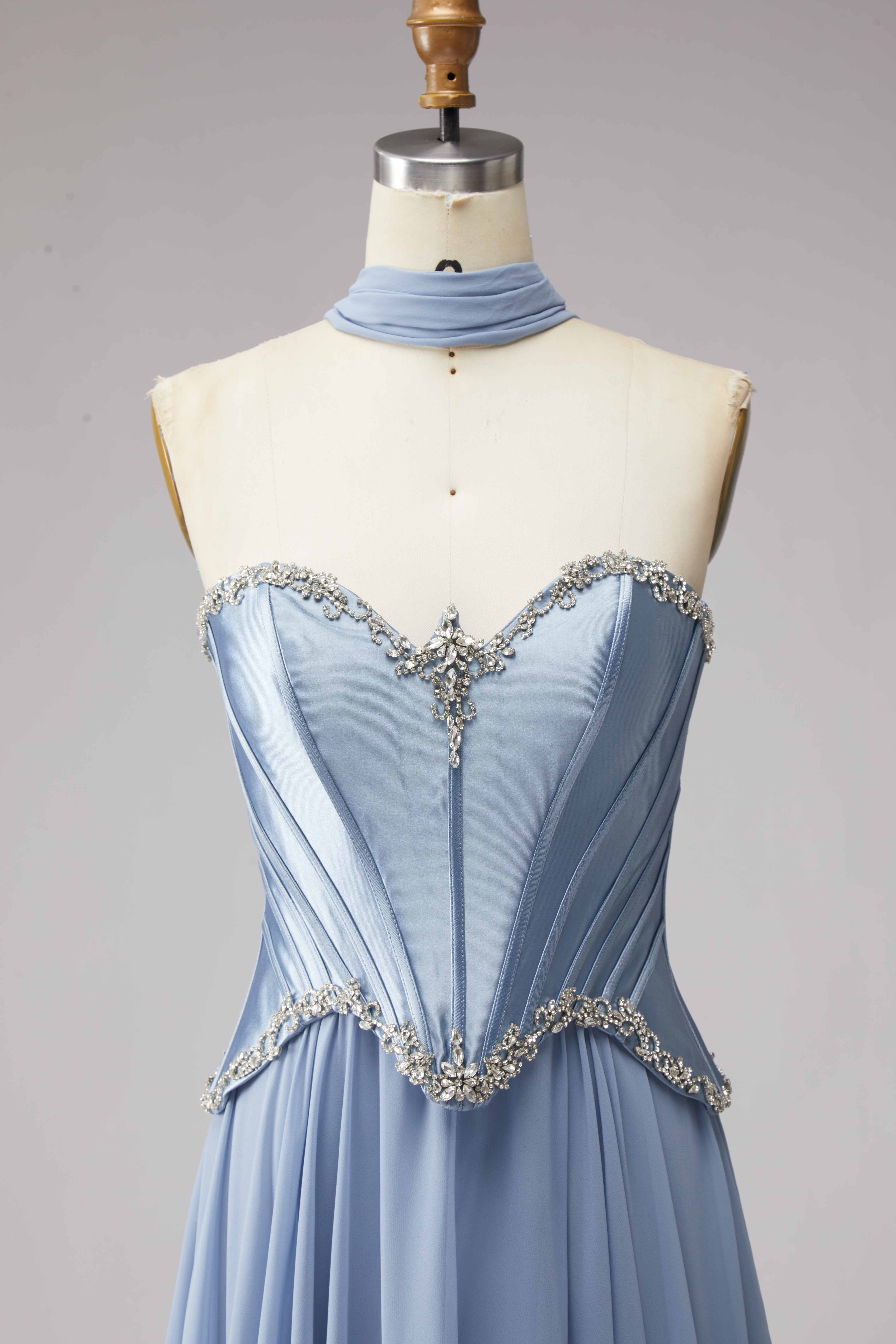 SPU - 608S20LF007 Slate Blue Strapless Sash Chiffon Gown