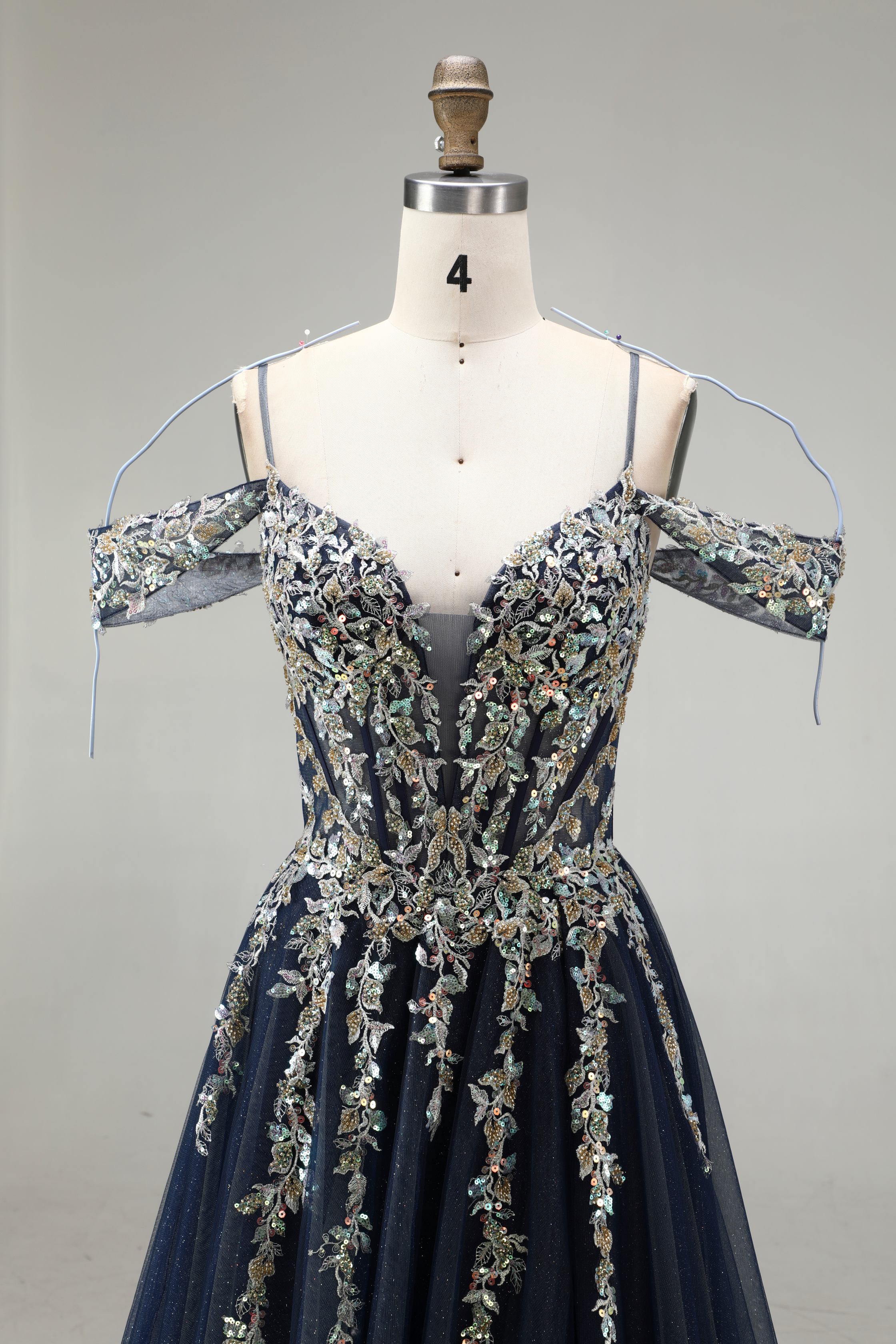 SPU - 608S20LF009 Navy Blue Gold Lace Off‑Shoulder Gown