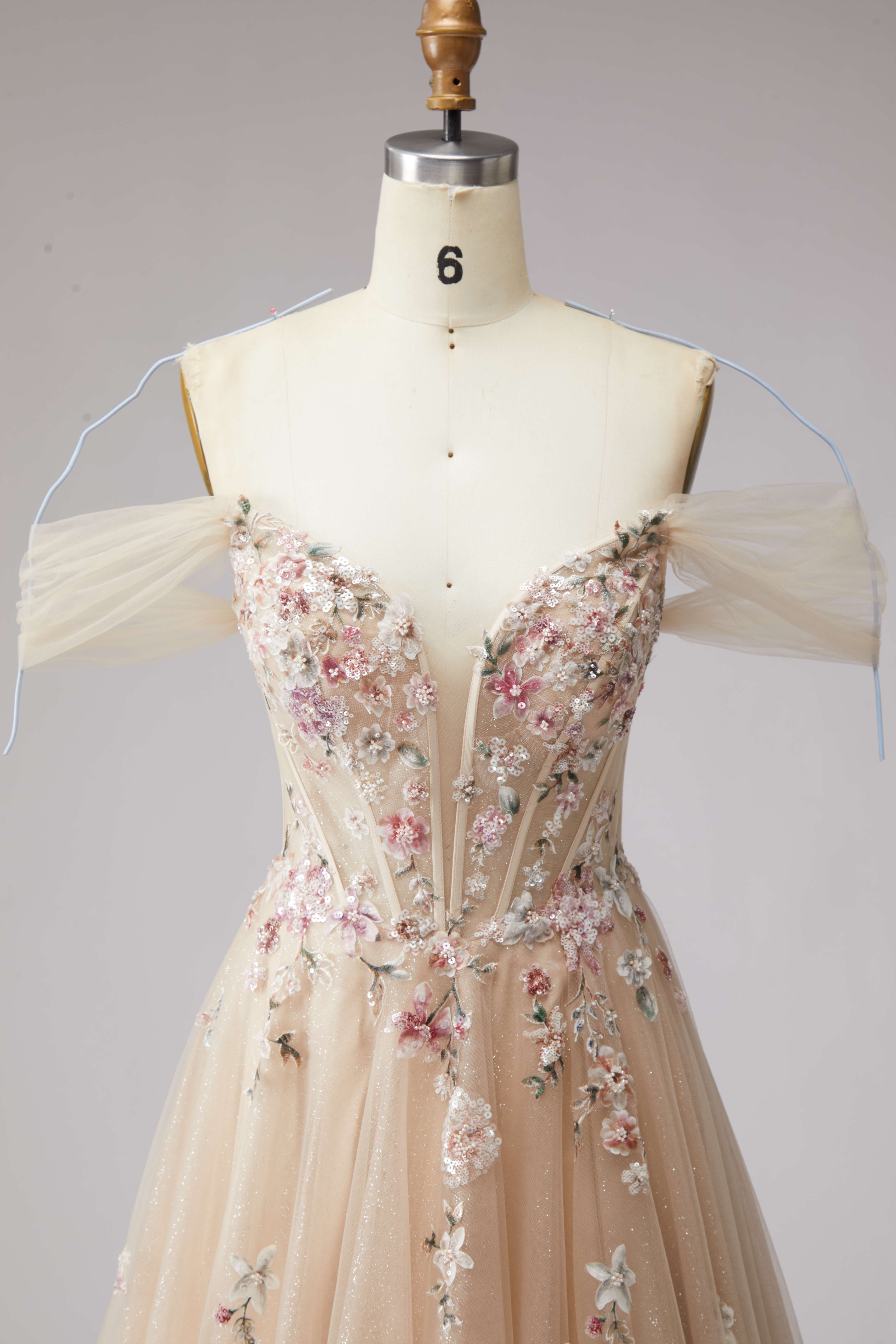SPU - 608S20LF010 Champagne Floral Off‑Shoulder Tulle Gown