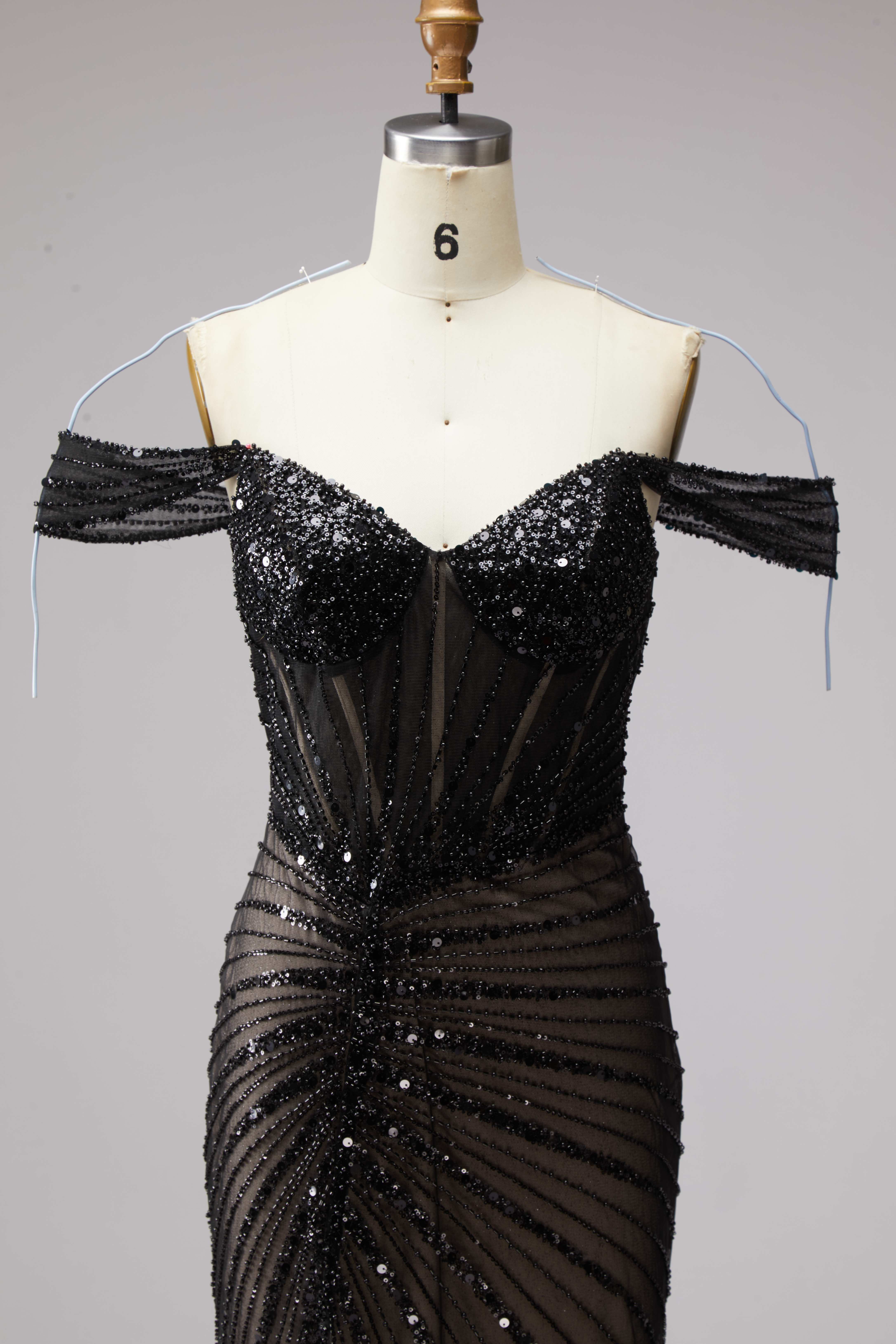SPU - 608S20LF011 Black Beaded Sheer Off‑Shoulder Mermaid Gown