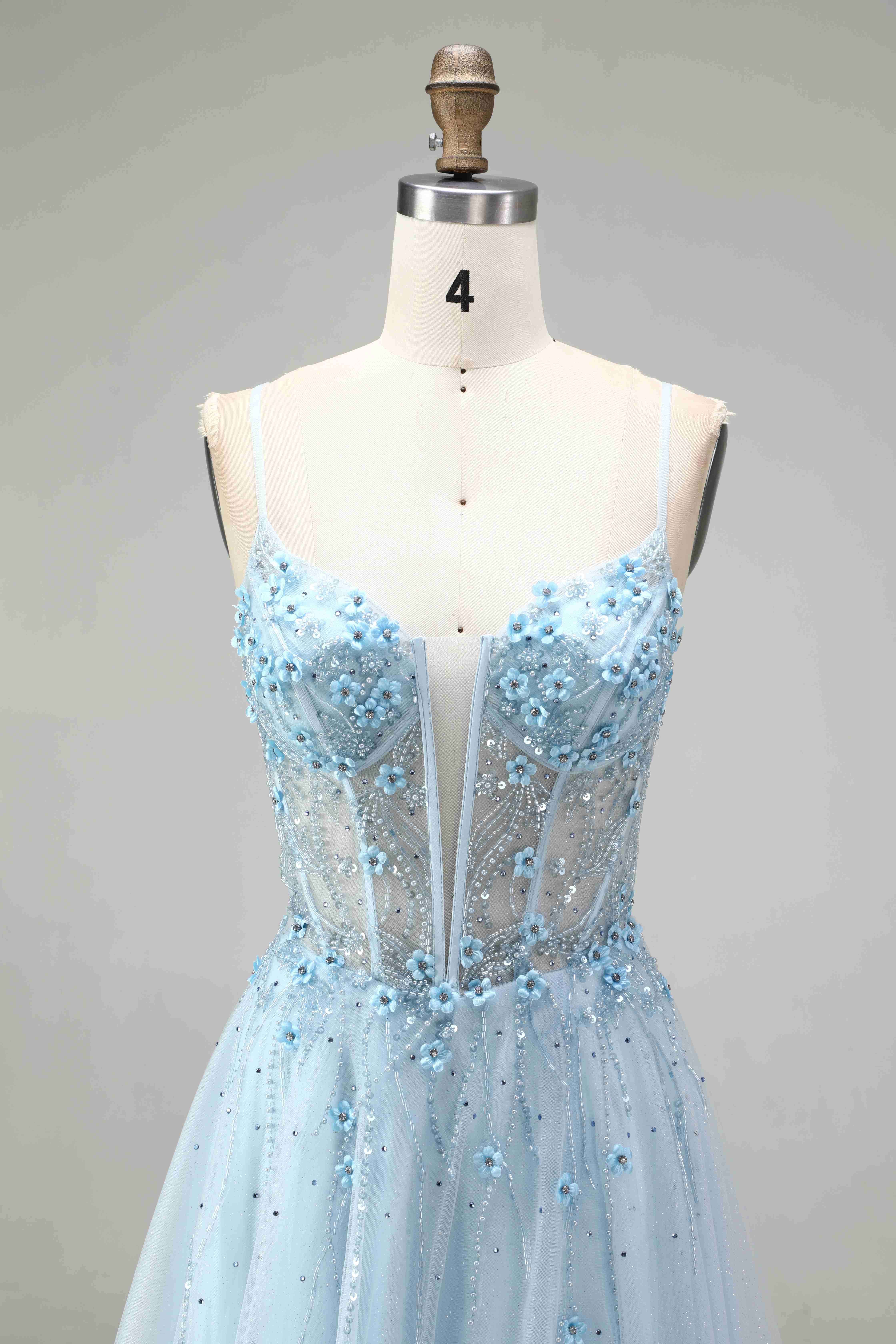 SPU - 608S20LF012 Sky Blue Beaded Spaghetti Strap A‑Line Gown