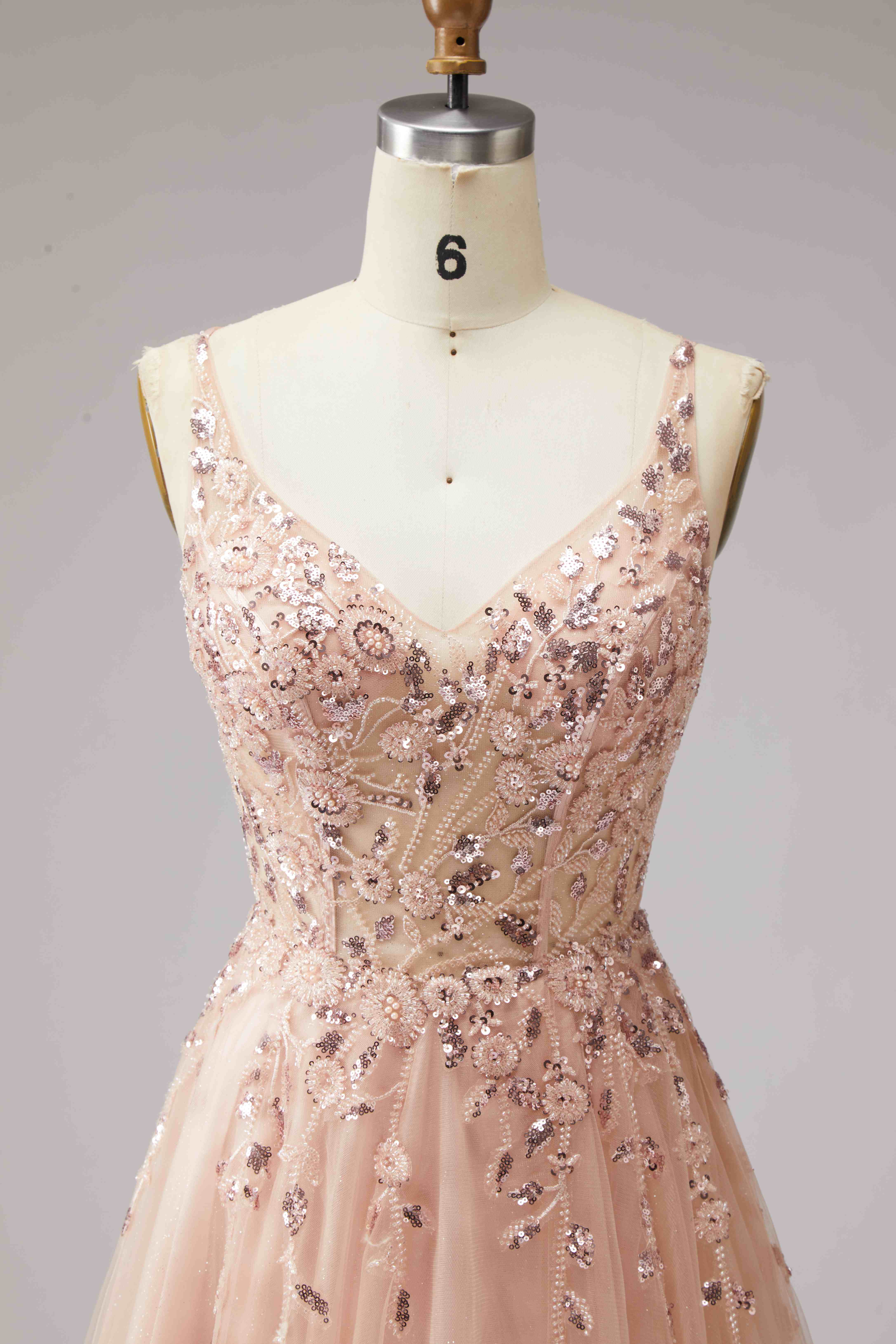 SPU - 608S20LF013 Blush Pink Sequin Spaghetti Strap Prom Gown