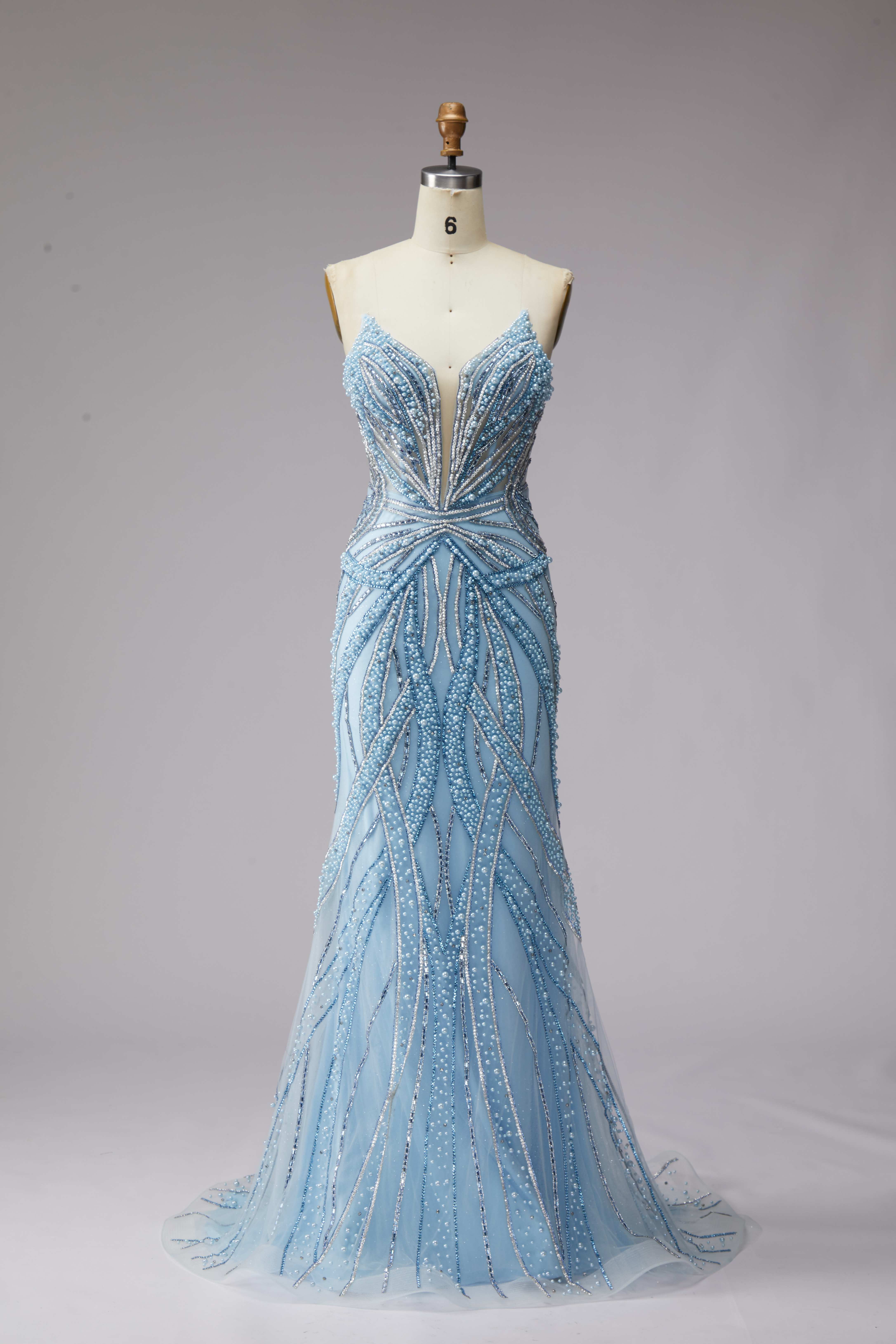 SPU - 608S20LF014 Sky Blue Beaded Strapless Mermaid Evening Gown