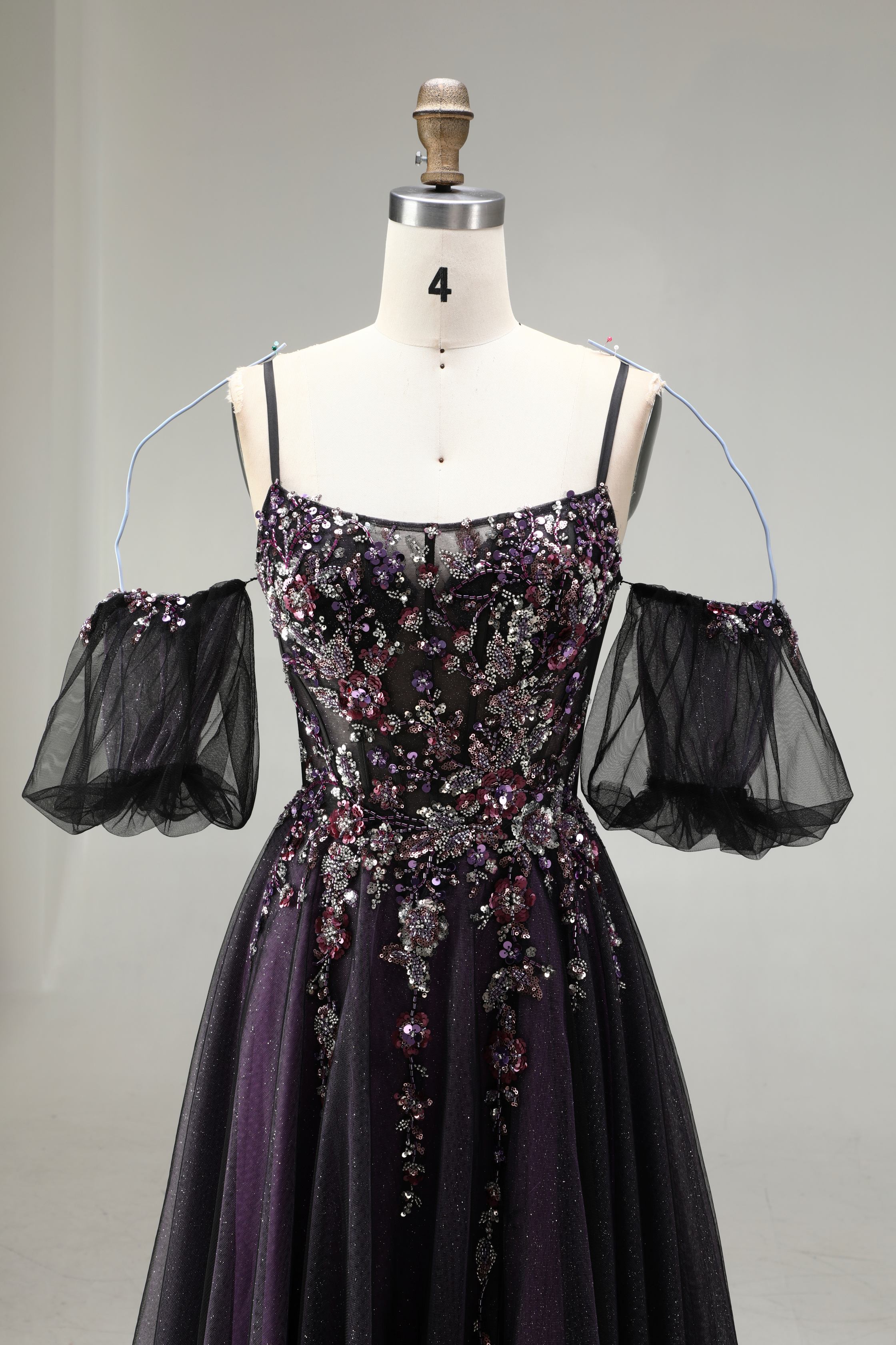 SPU - 608S20LF016 Dark Purple Floral Off‑Shoulder Tulle Gown
