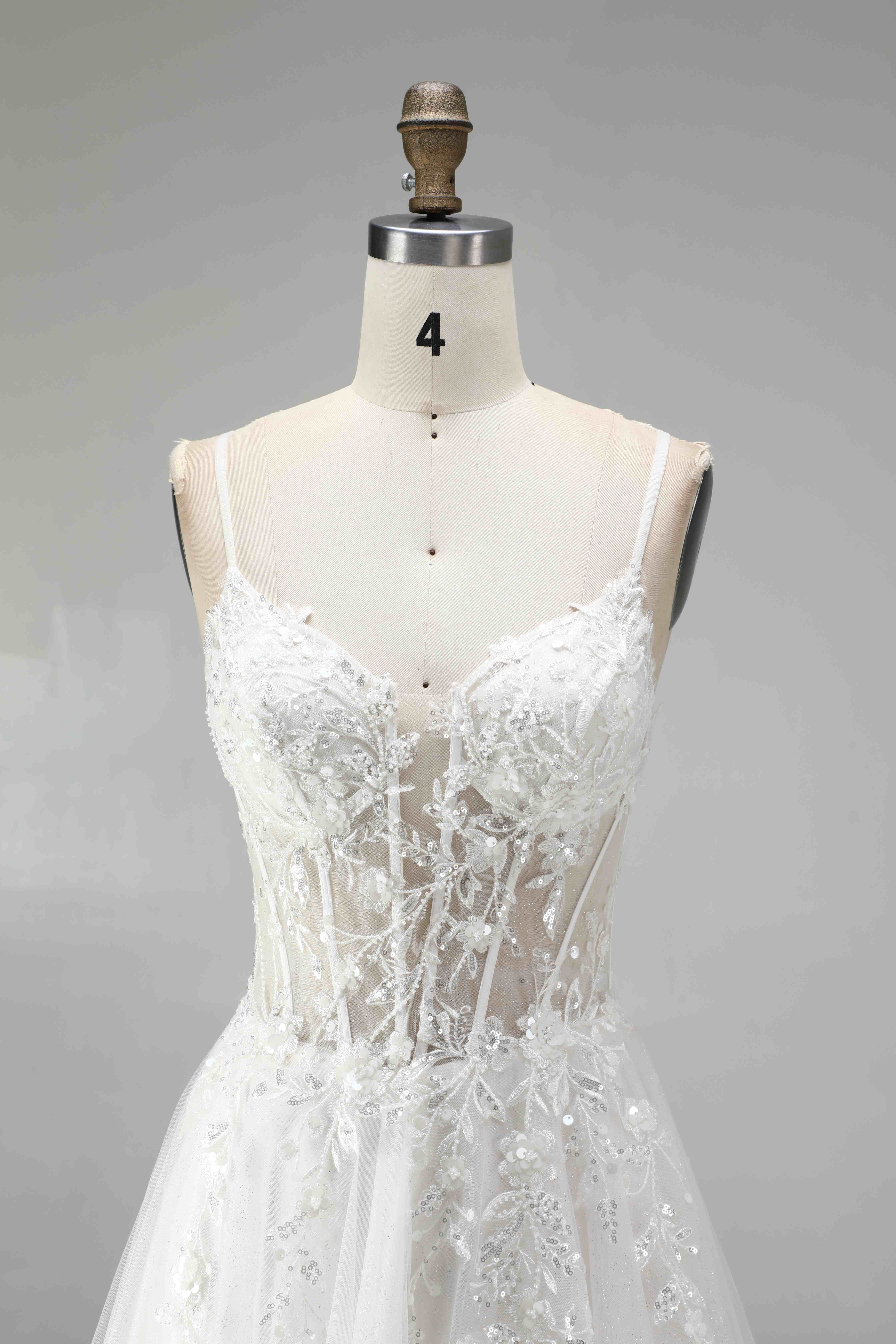 SPU - 608S20LF017 White Lace Spaghetti Strap A‑Line Wedding Gown