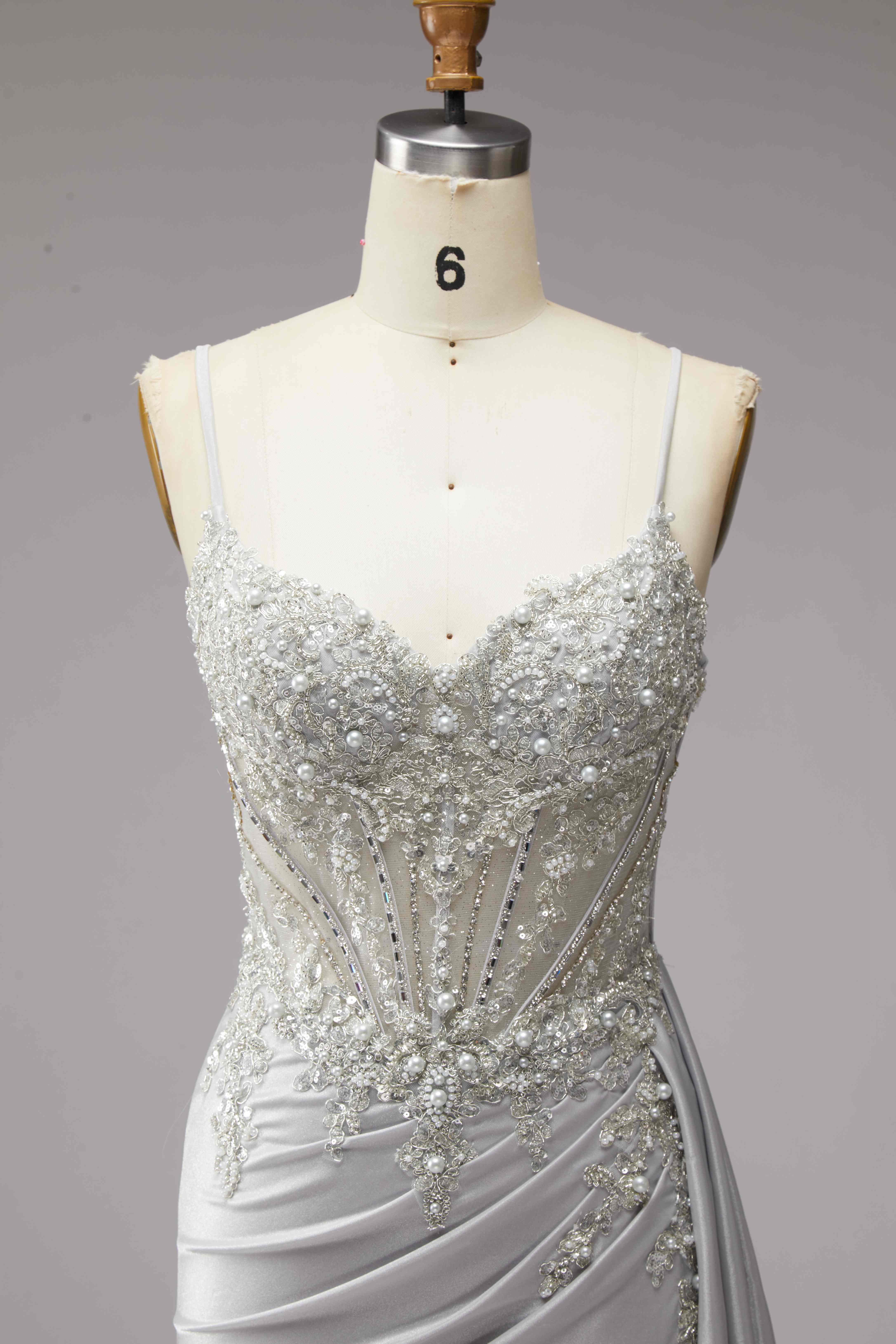 SPU - 608S20LF023 Silver Beaded Slit Prom Gown