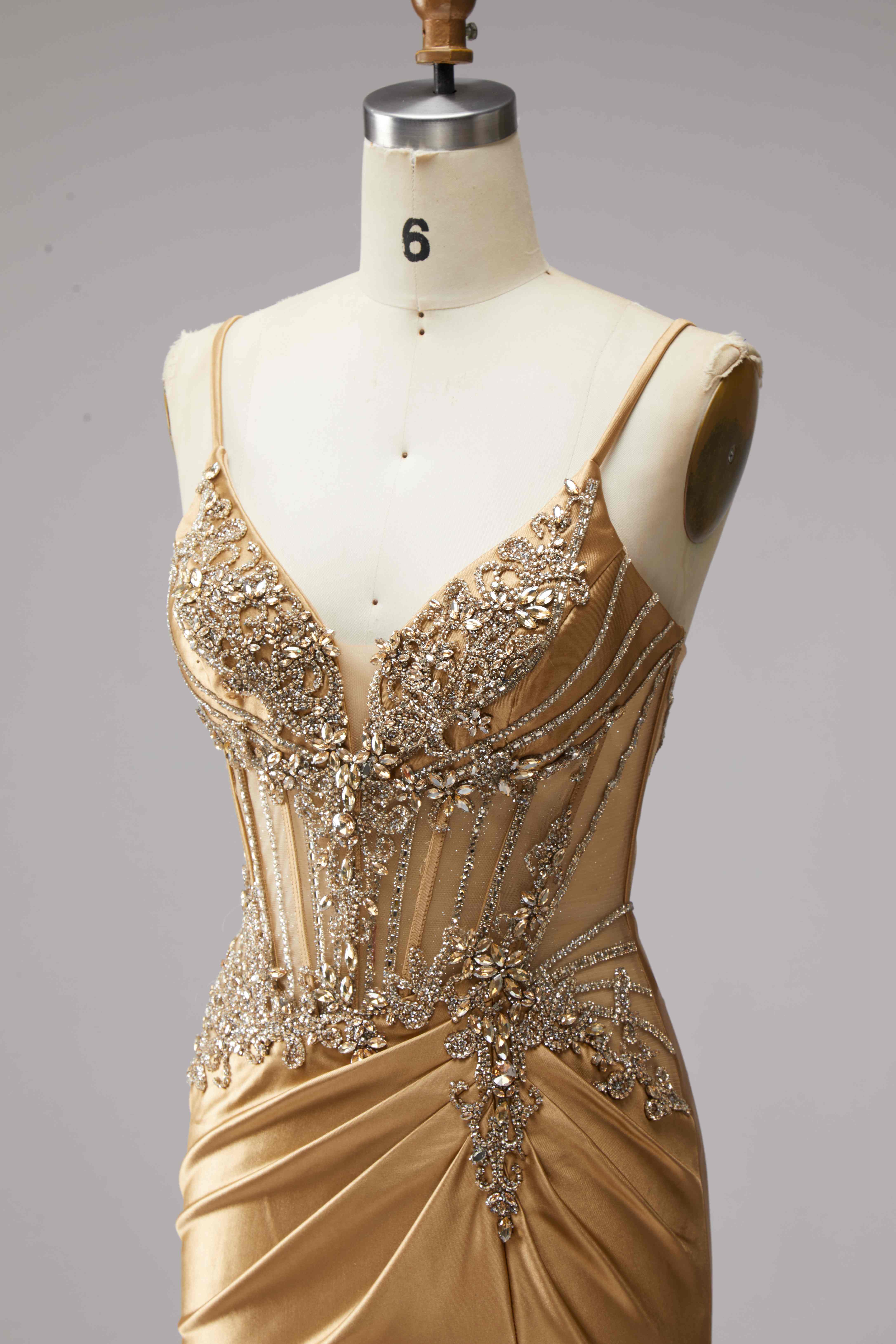 SPU - 608S20LF026 Gold Beaded Satin Evening Gown