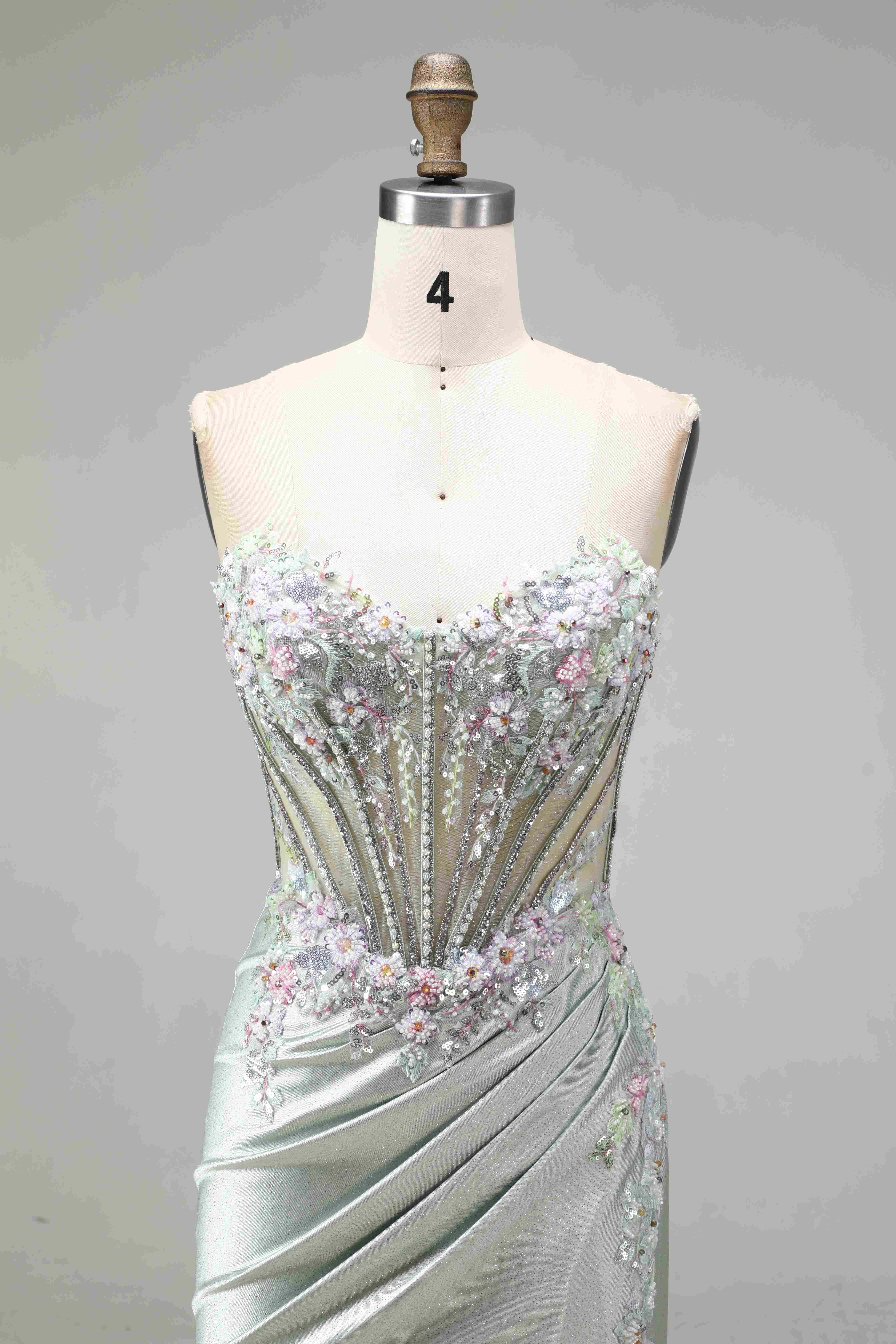 SPU - 608S20LF027 Sage Beaded Corset Slit Mermaid Gown