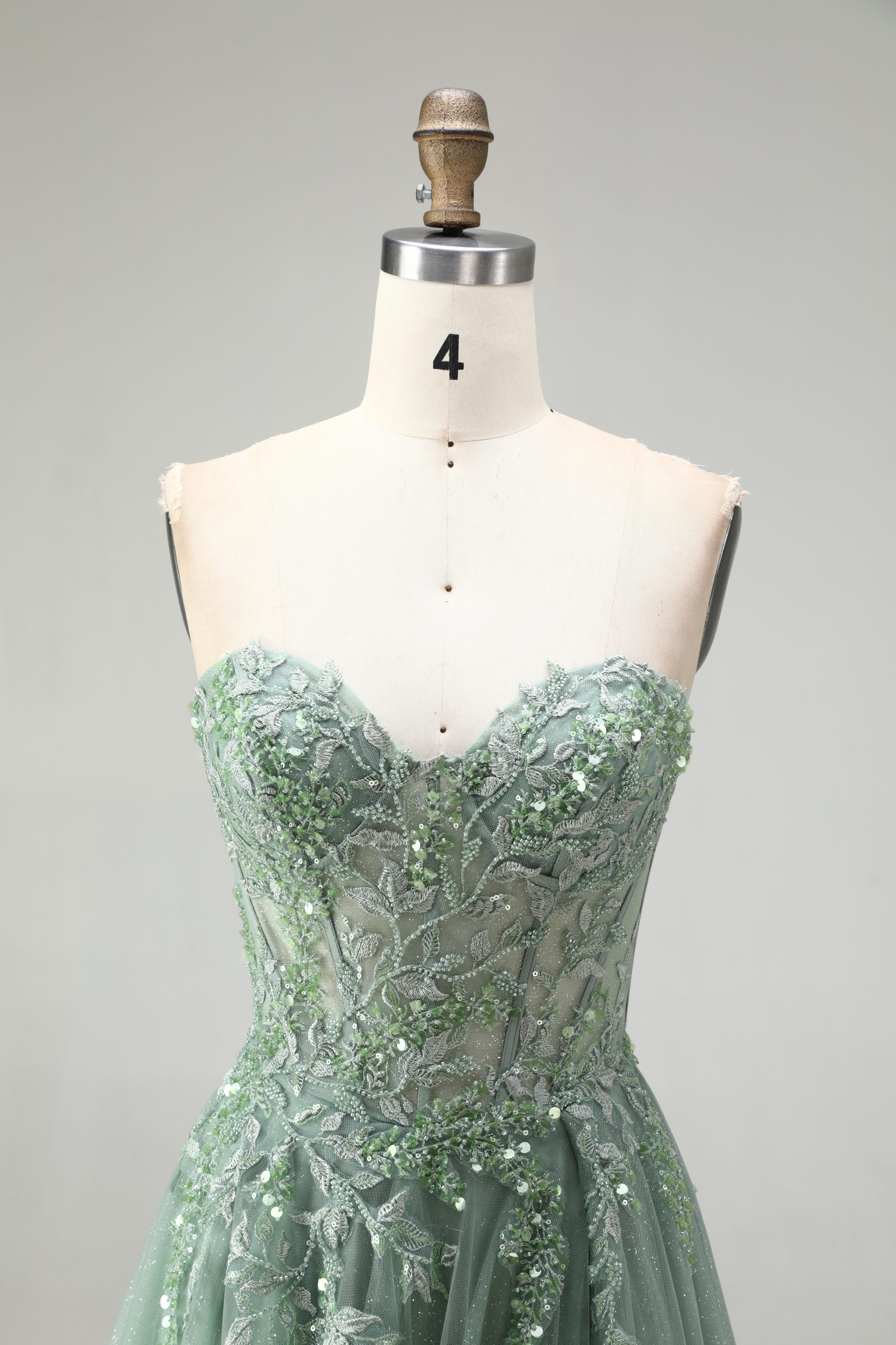 SPU - 608S20LF030 Sage Lace Appliqued Tulle Prom Dress