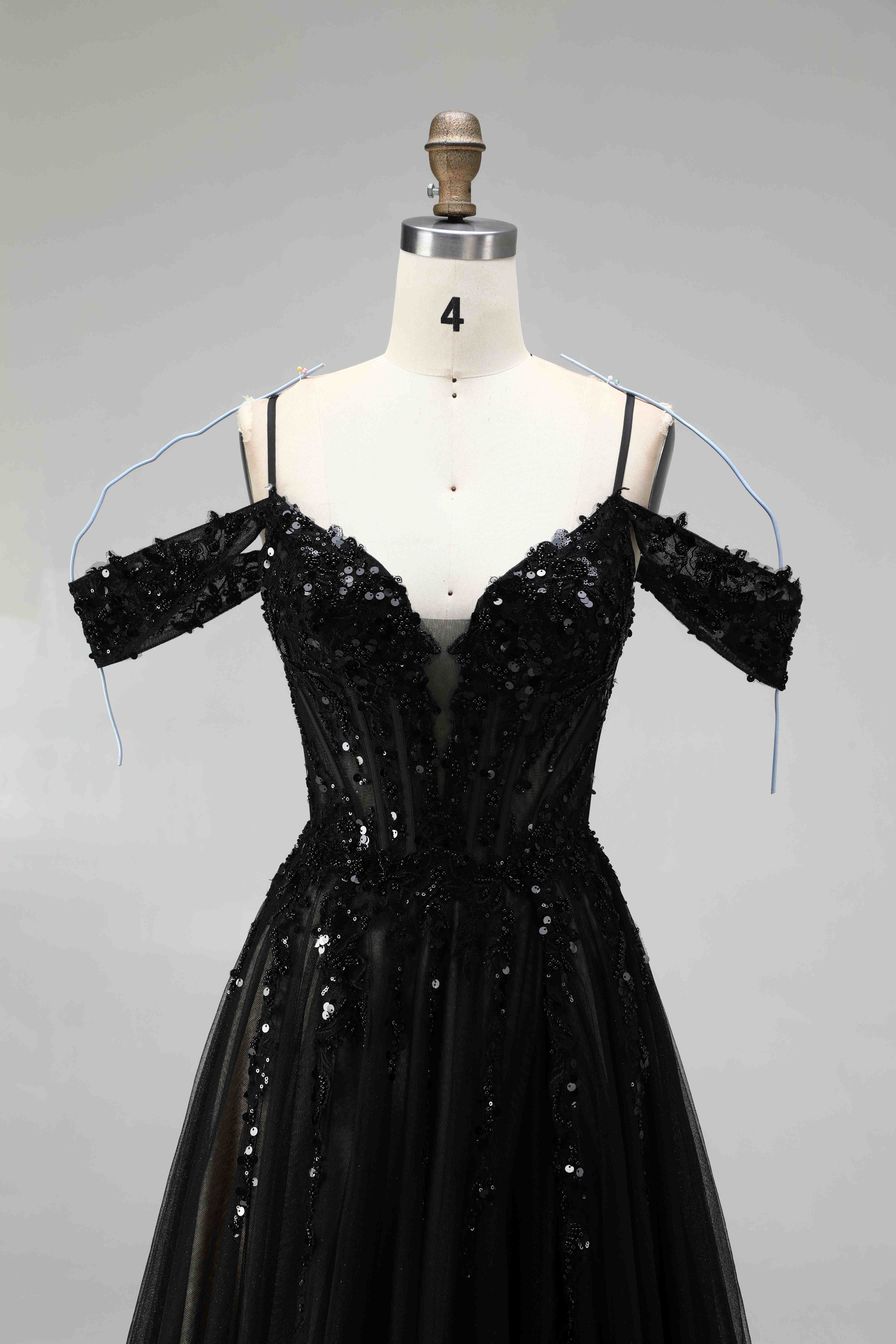 SPU - 608S20LF031 Black Off‑the‑Shoulder Tulle Evening Gown