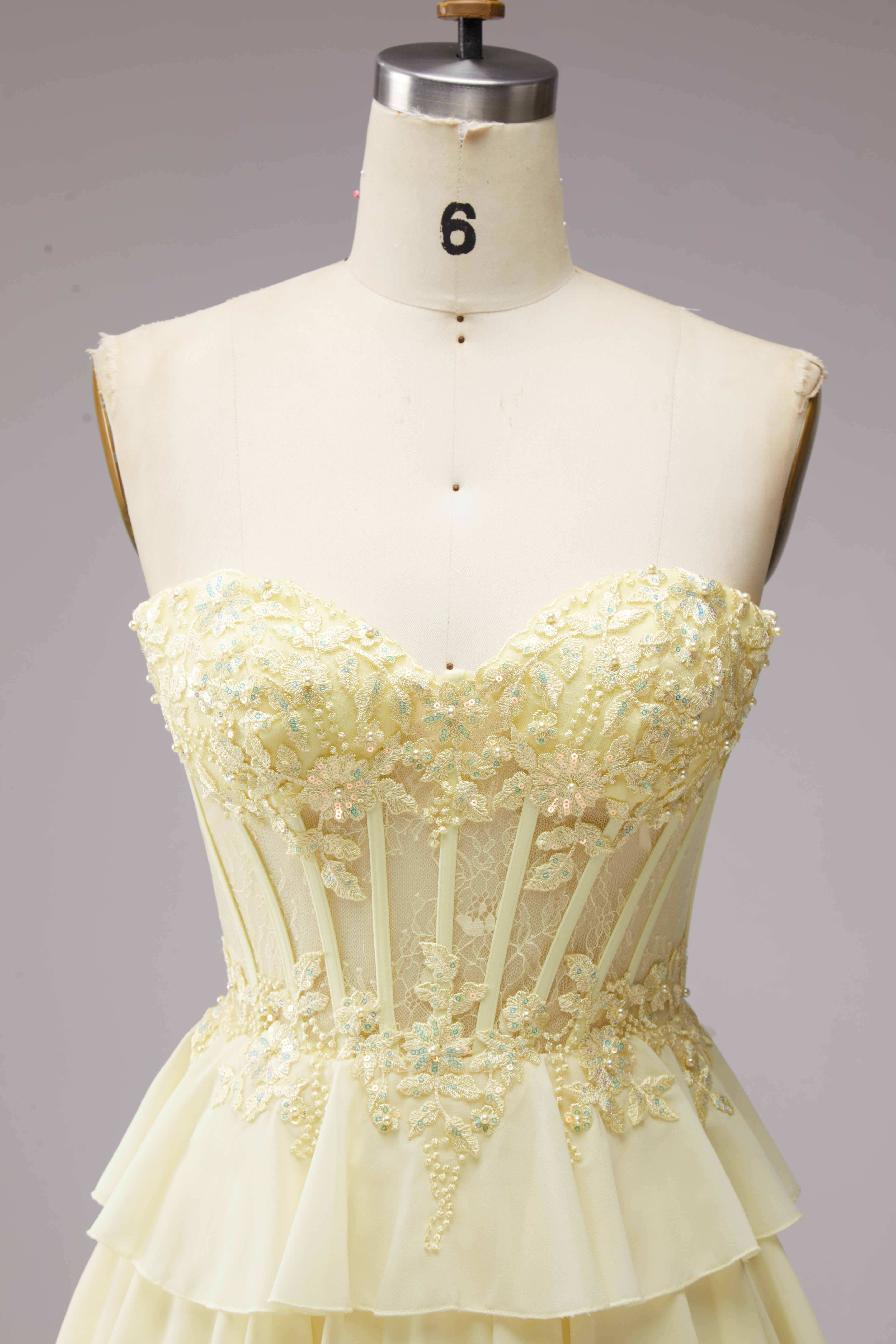 SPU - 608S02LF0034 Pale Yellow Lace Tiered Short Party Dress