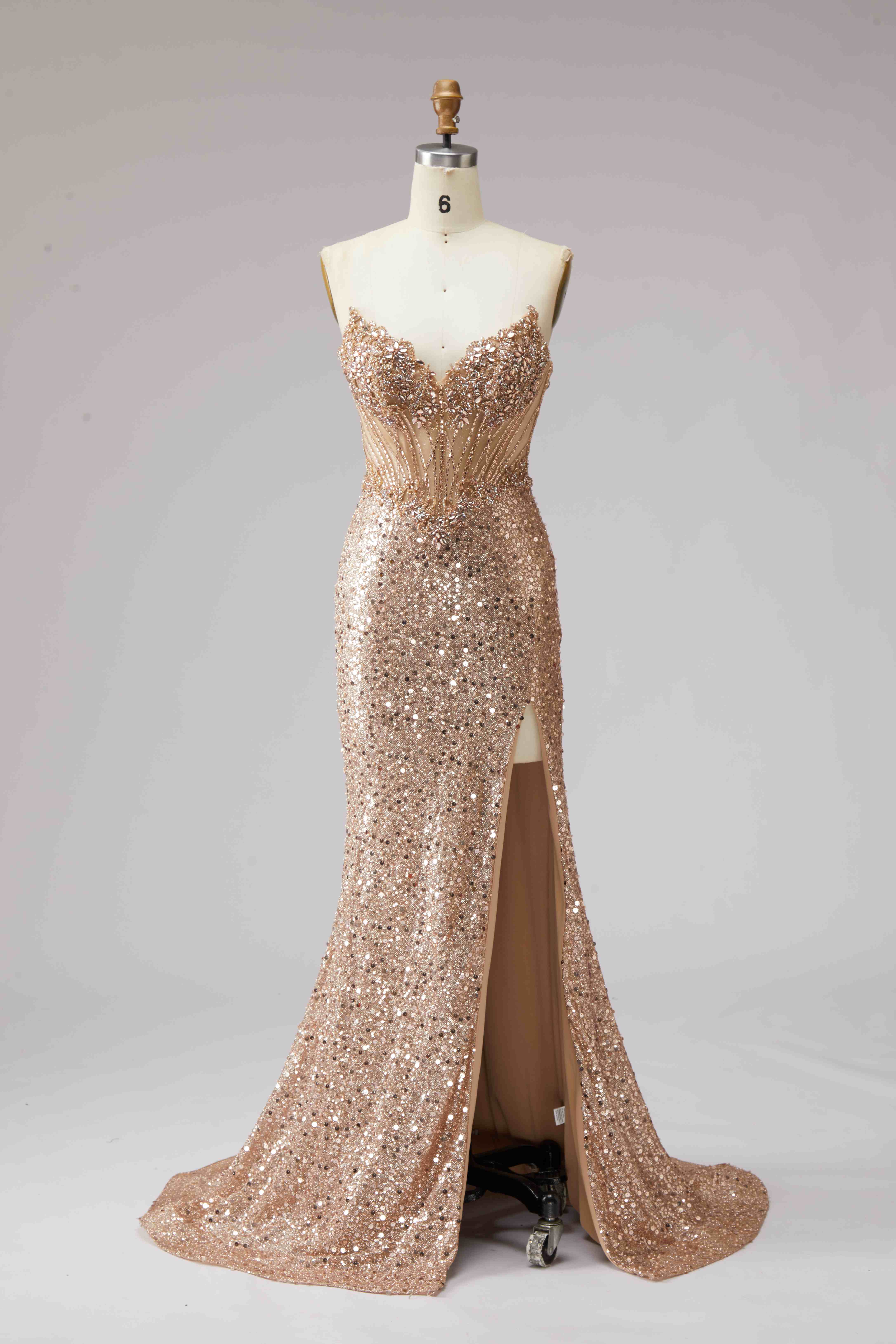 SPU - 608S40LF004 Rose Gold Sheer Corset Slit Mermaid Gown