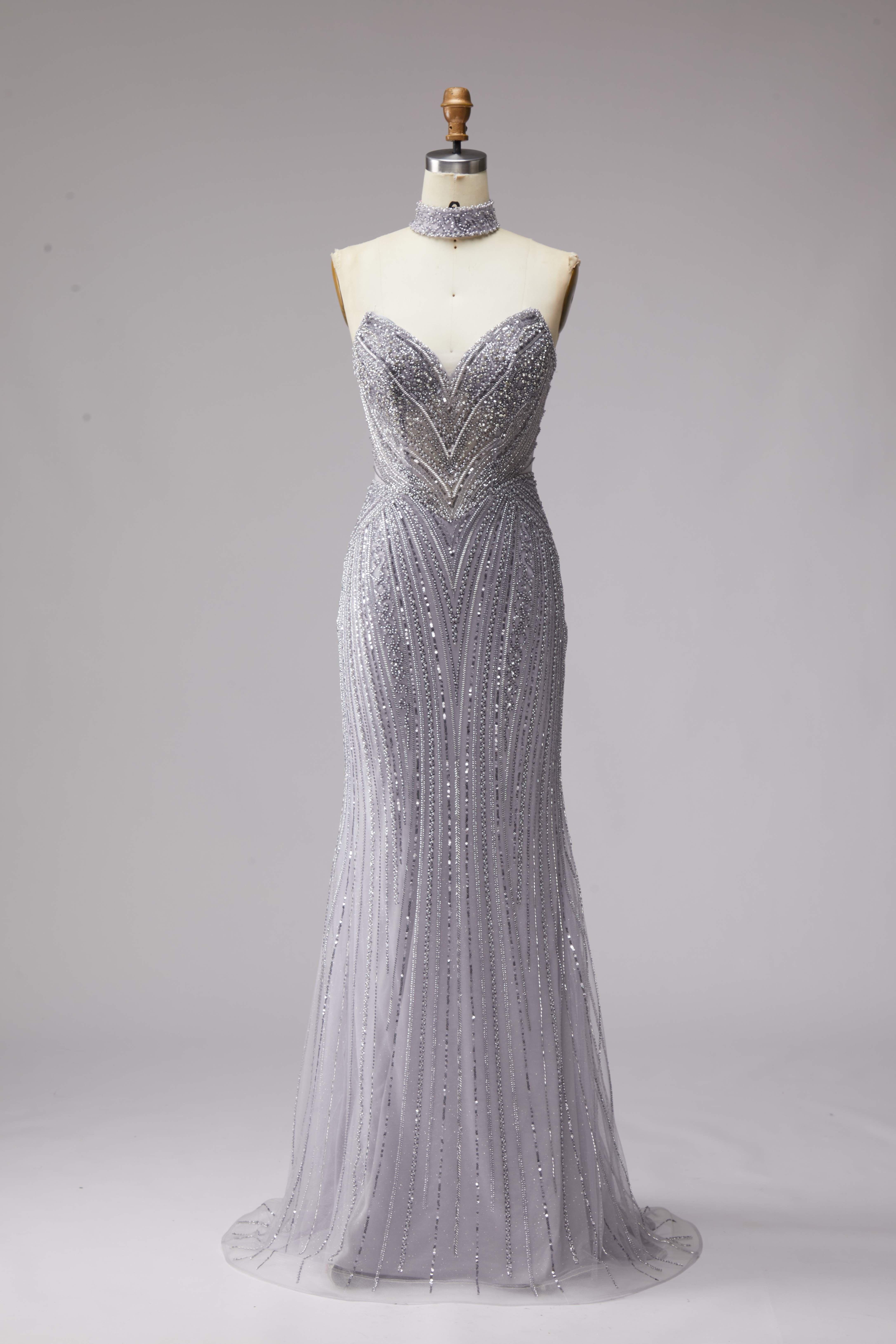 SPU - 608S40LF005 Silver‑Grey Beaded Sweetheart Mermaid Dress
