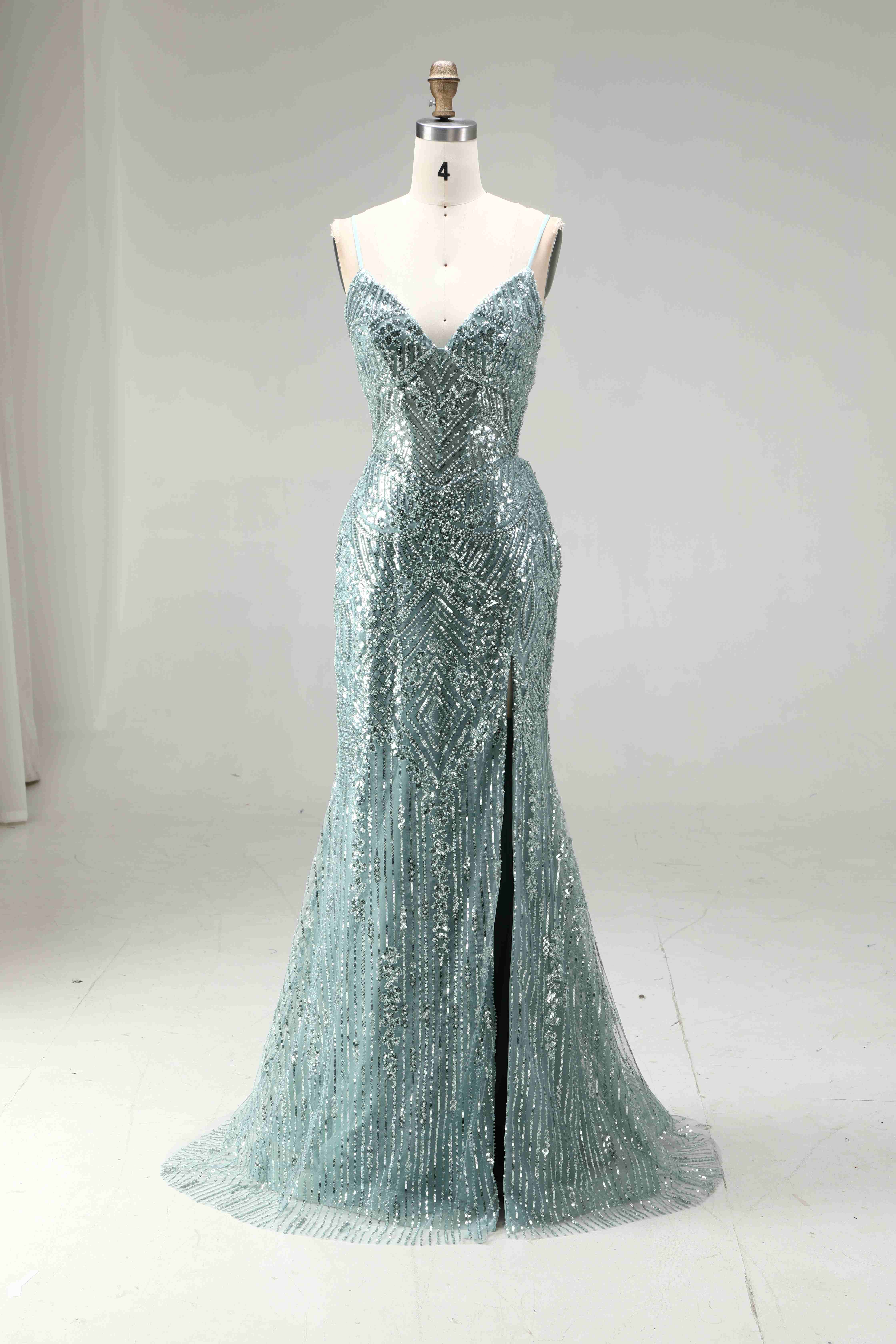 SPU - 608S40LF006 Sage Green Beaded Slit Spaghetti Strap Gown