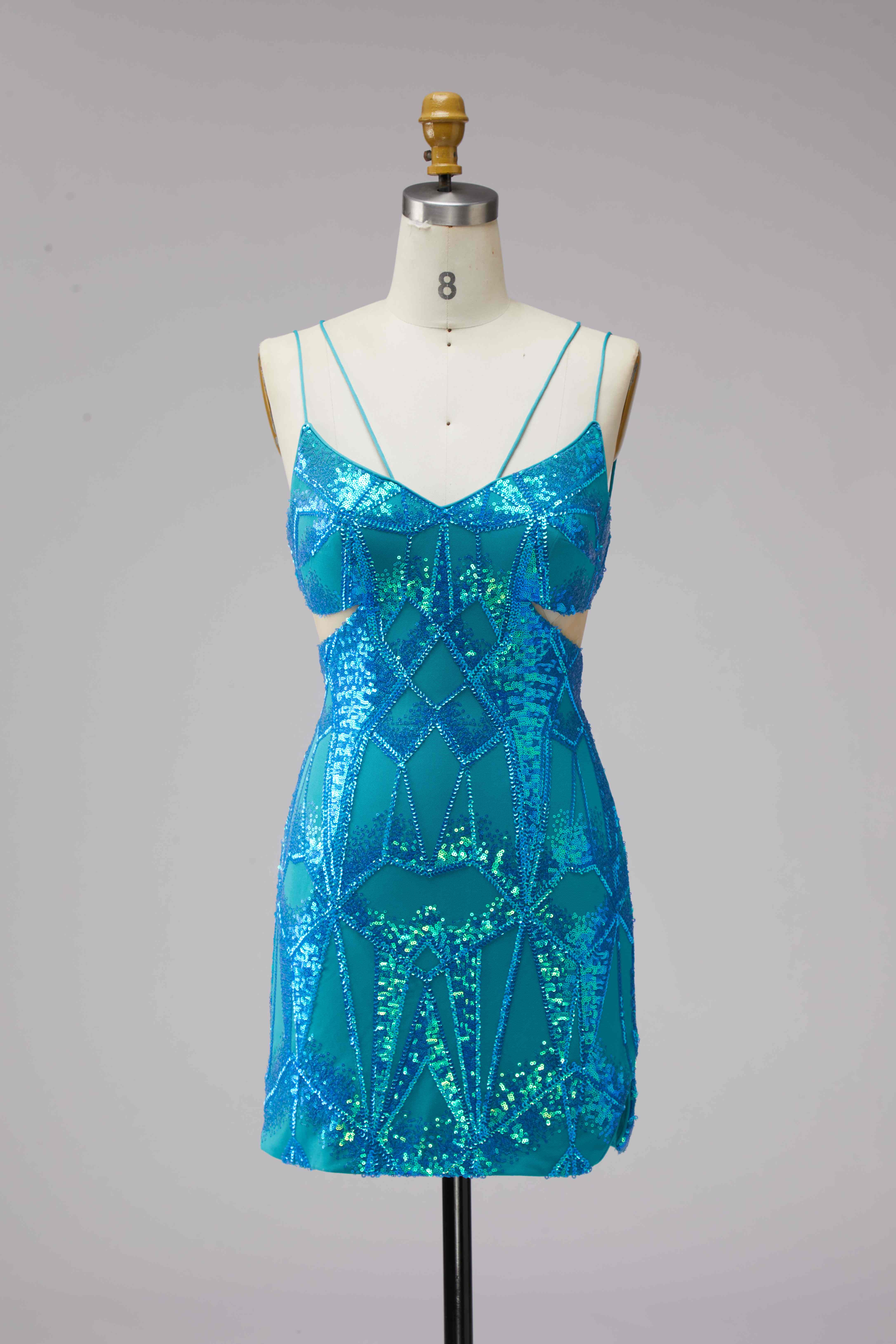 SPU - 608S40LF007 Turquoise Sequin Cut‑Out Spaghetti Strap Mini Dress