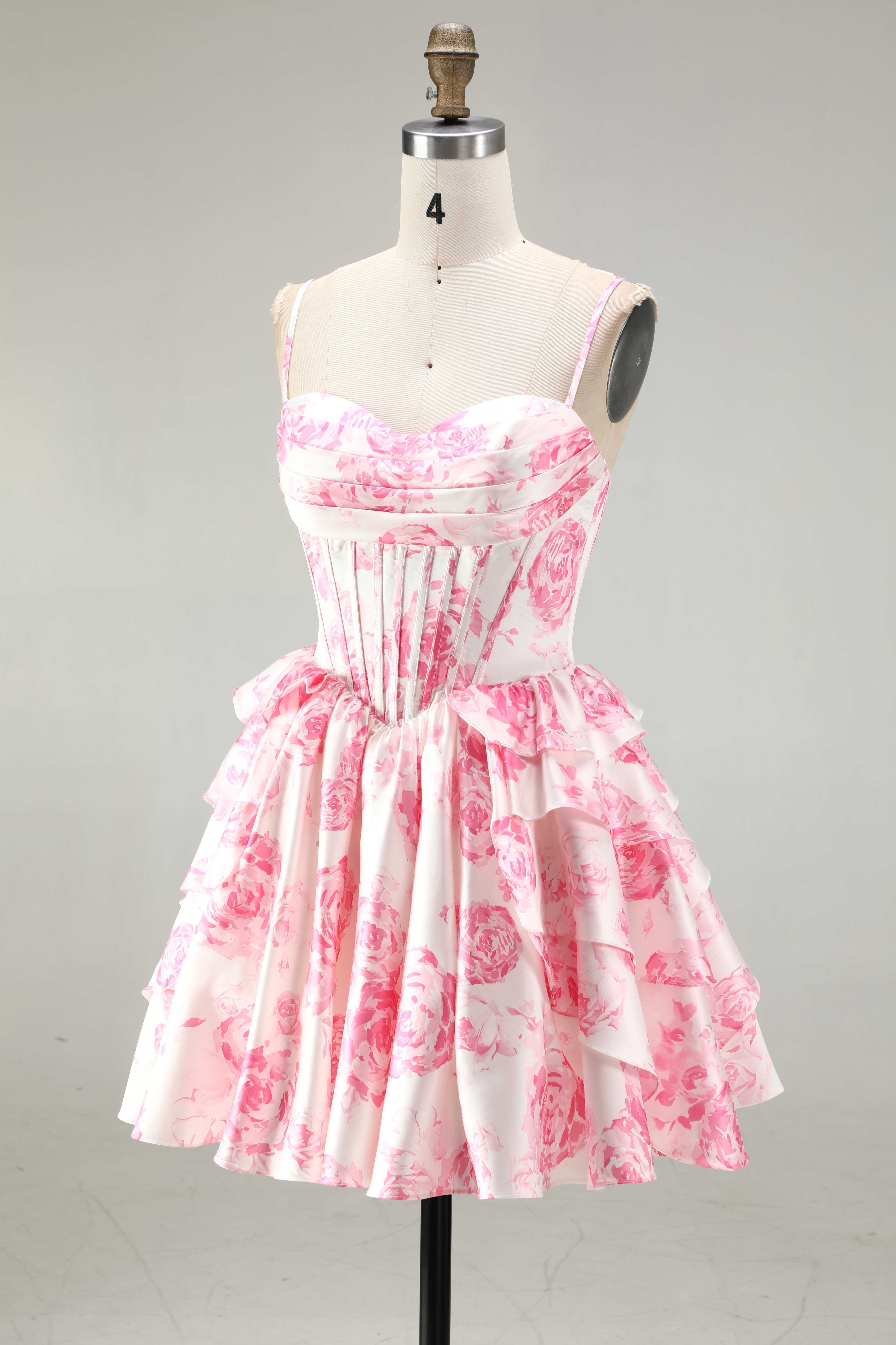 SKU - 608S02LF0031  Pink Corset A-Line Floral Homecoming Dress