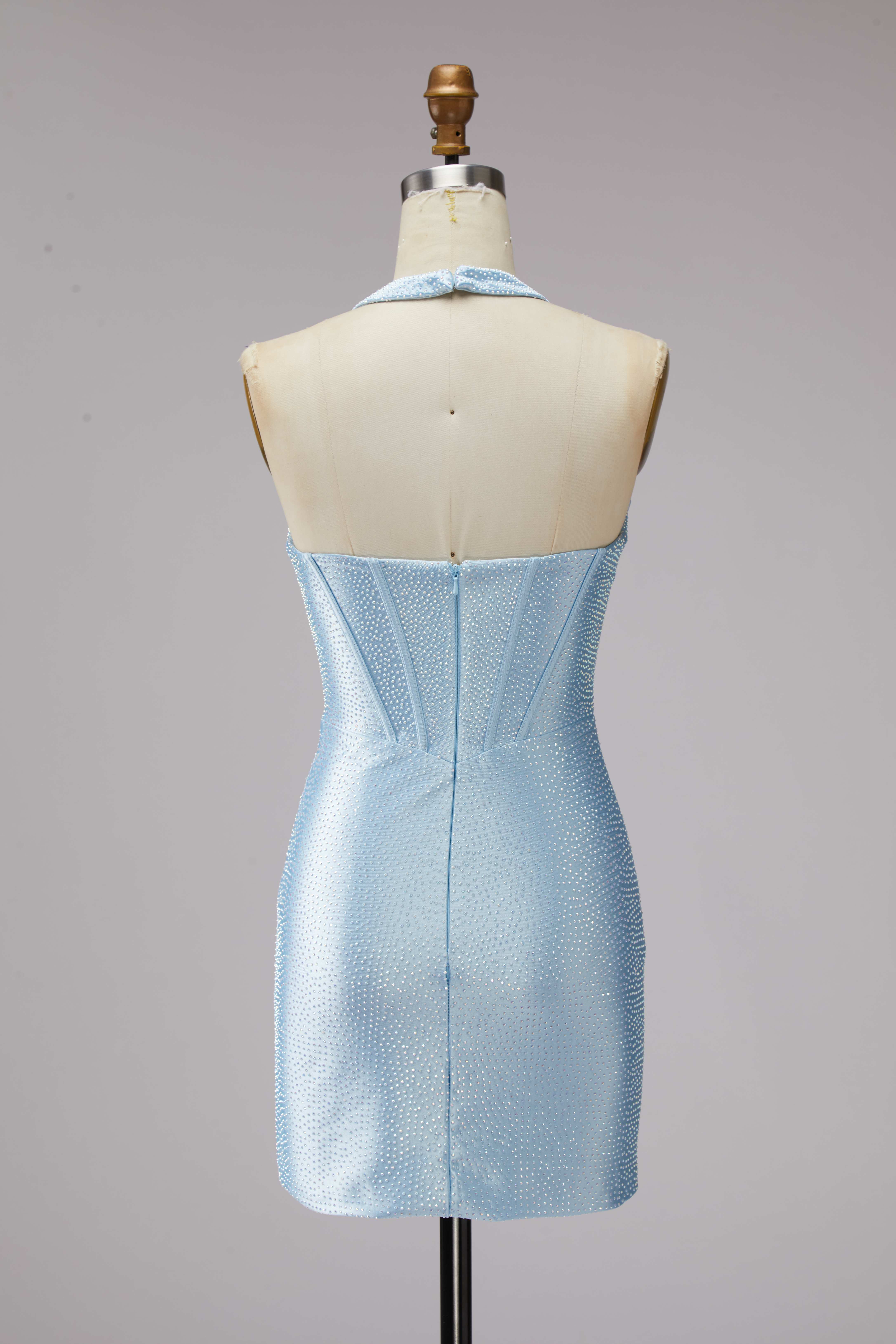 SKU - 608S02LF0032 Light Blue Halter Corset Bodycon Homecoming Dress