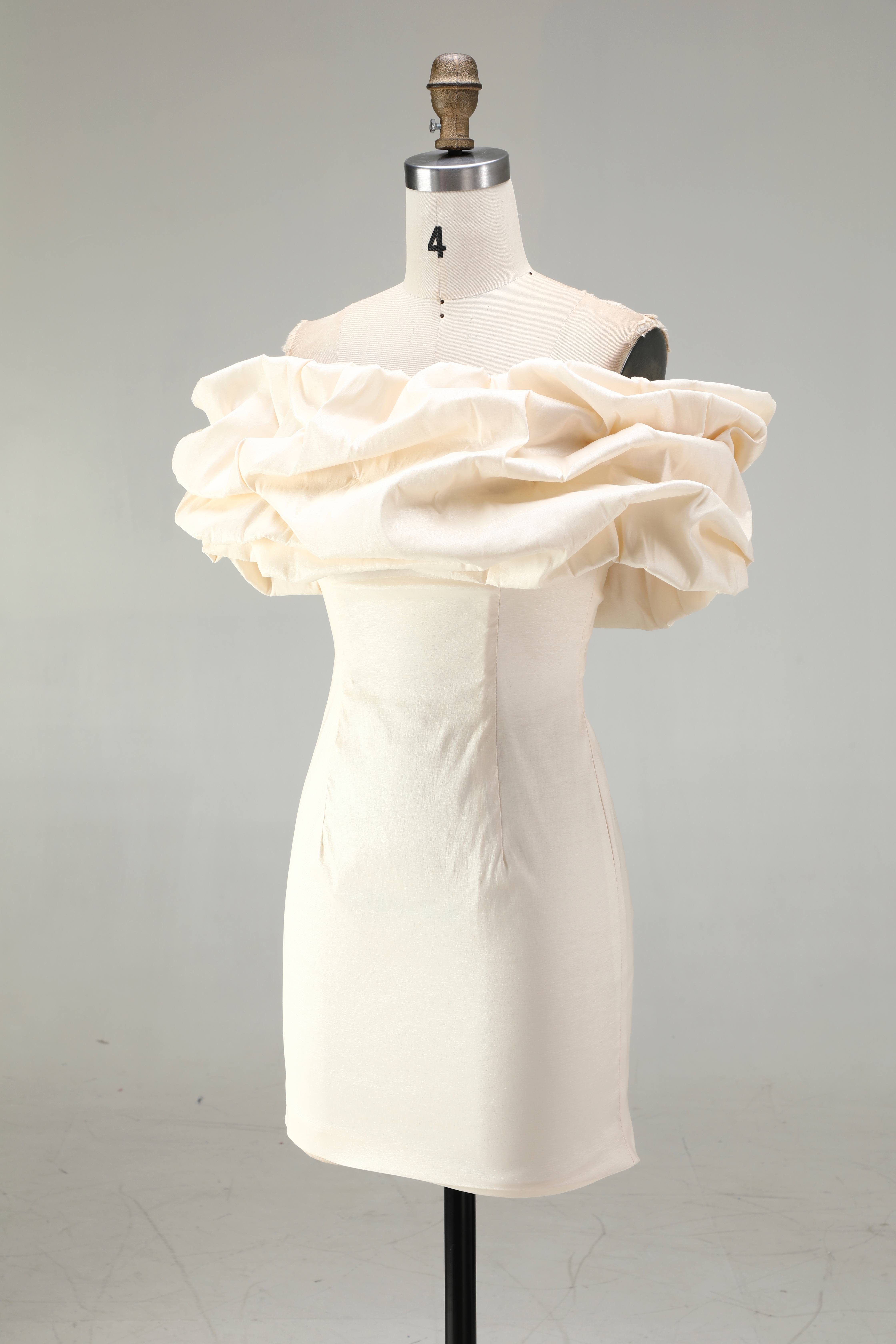 SPU - 608S40LF012 Ivory Off‑Shoulder Ruffle Bodycon Dress