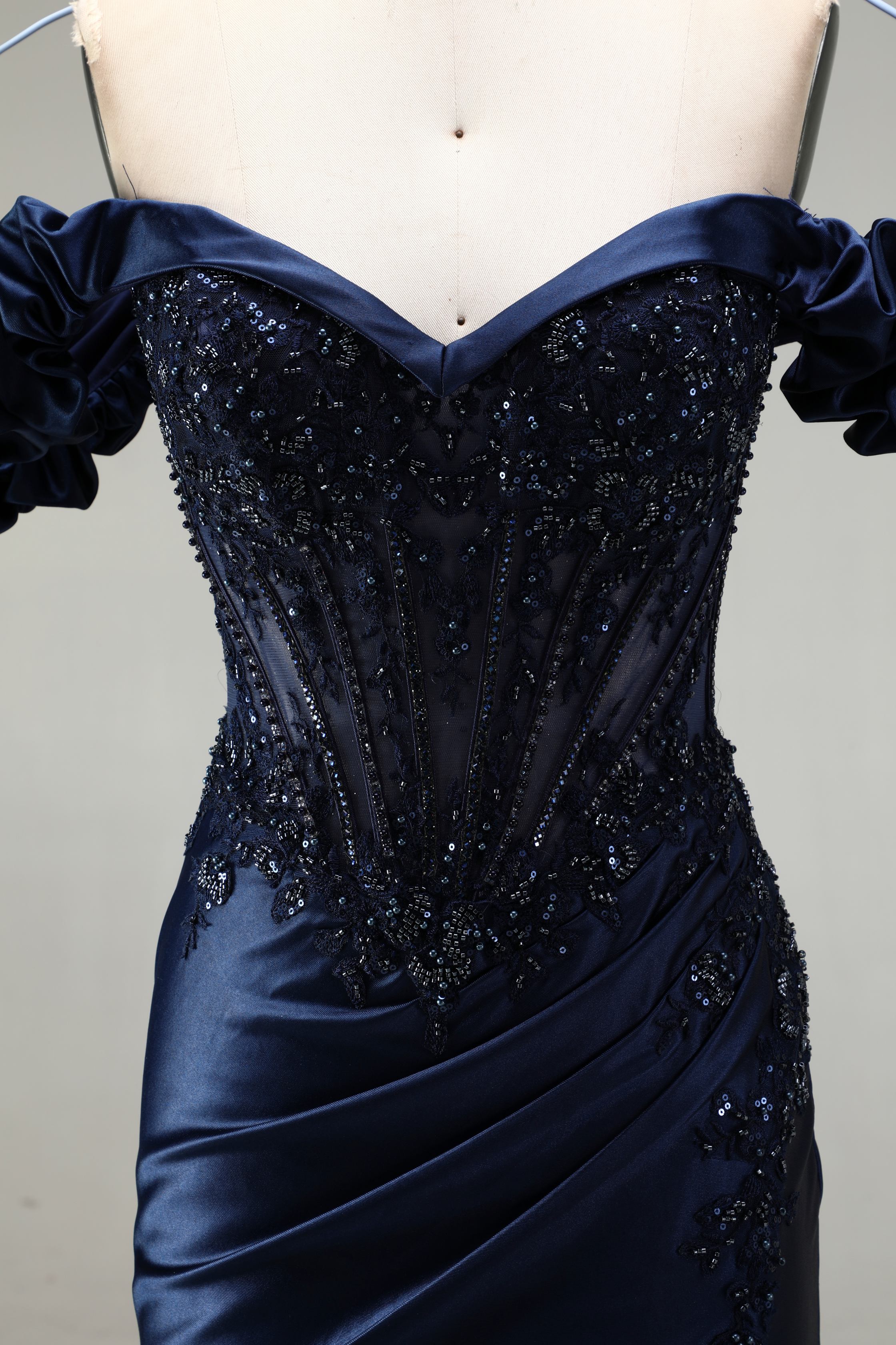 SPU - 608S20LF002 Navy Blue Off‑Shoulder Slit Mermaid Gown