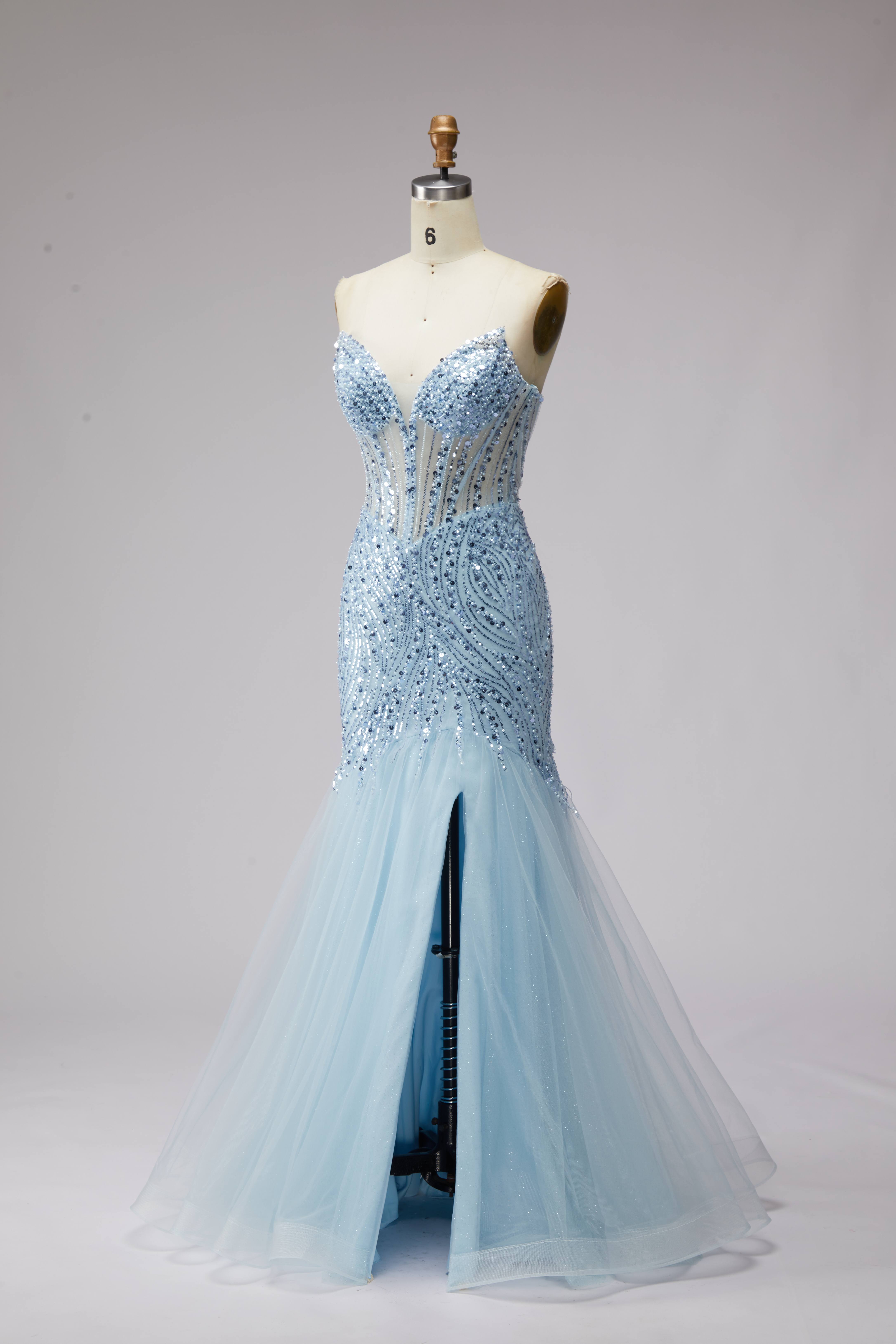 SPU - 608S20LF003 Sky Blue Beaded Sheer Mermaid Evening Gown