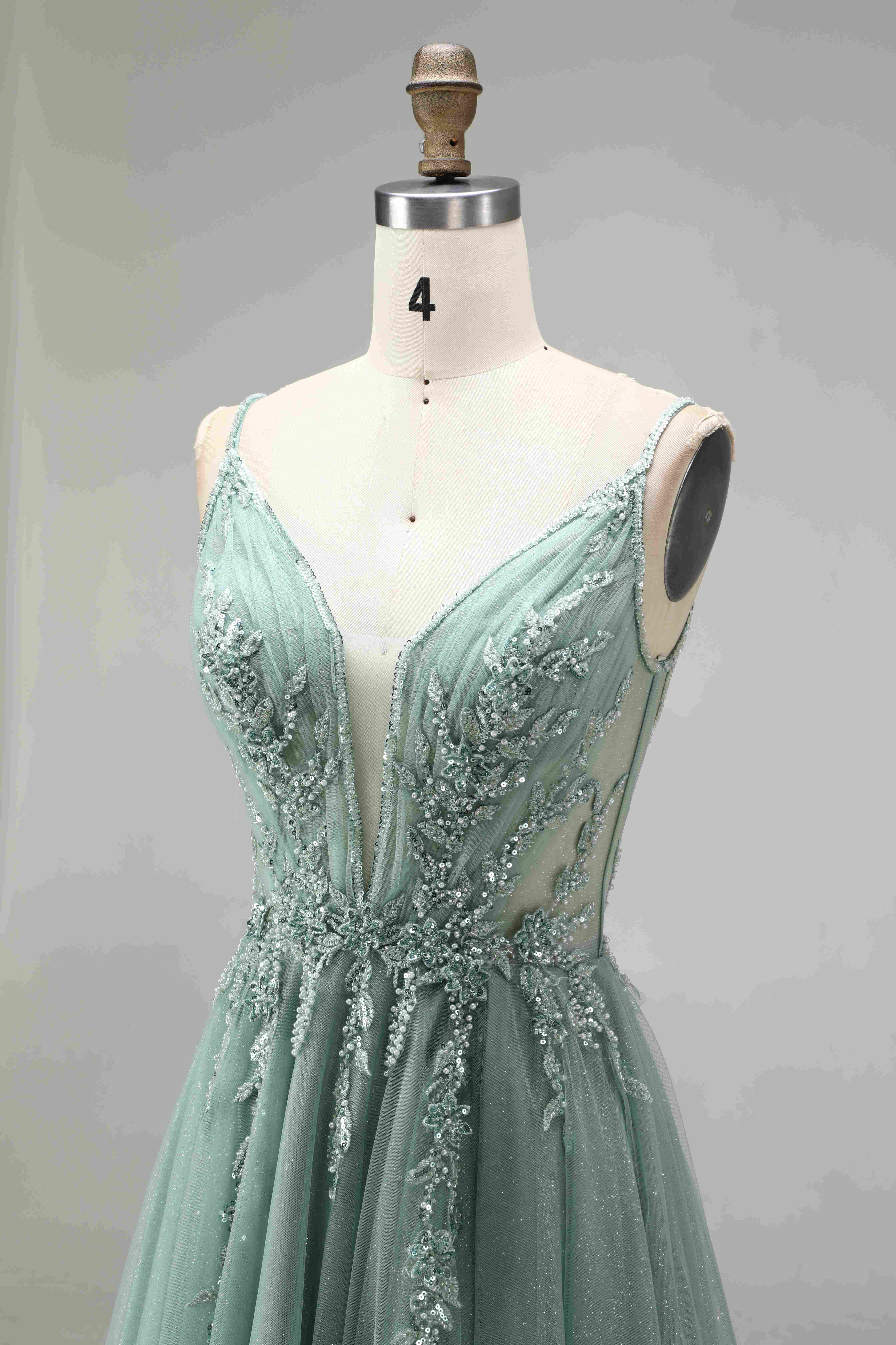SPU - 608S20LF004 Sage Green Lace A‑Line Tulle Prom Dress
