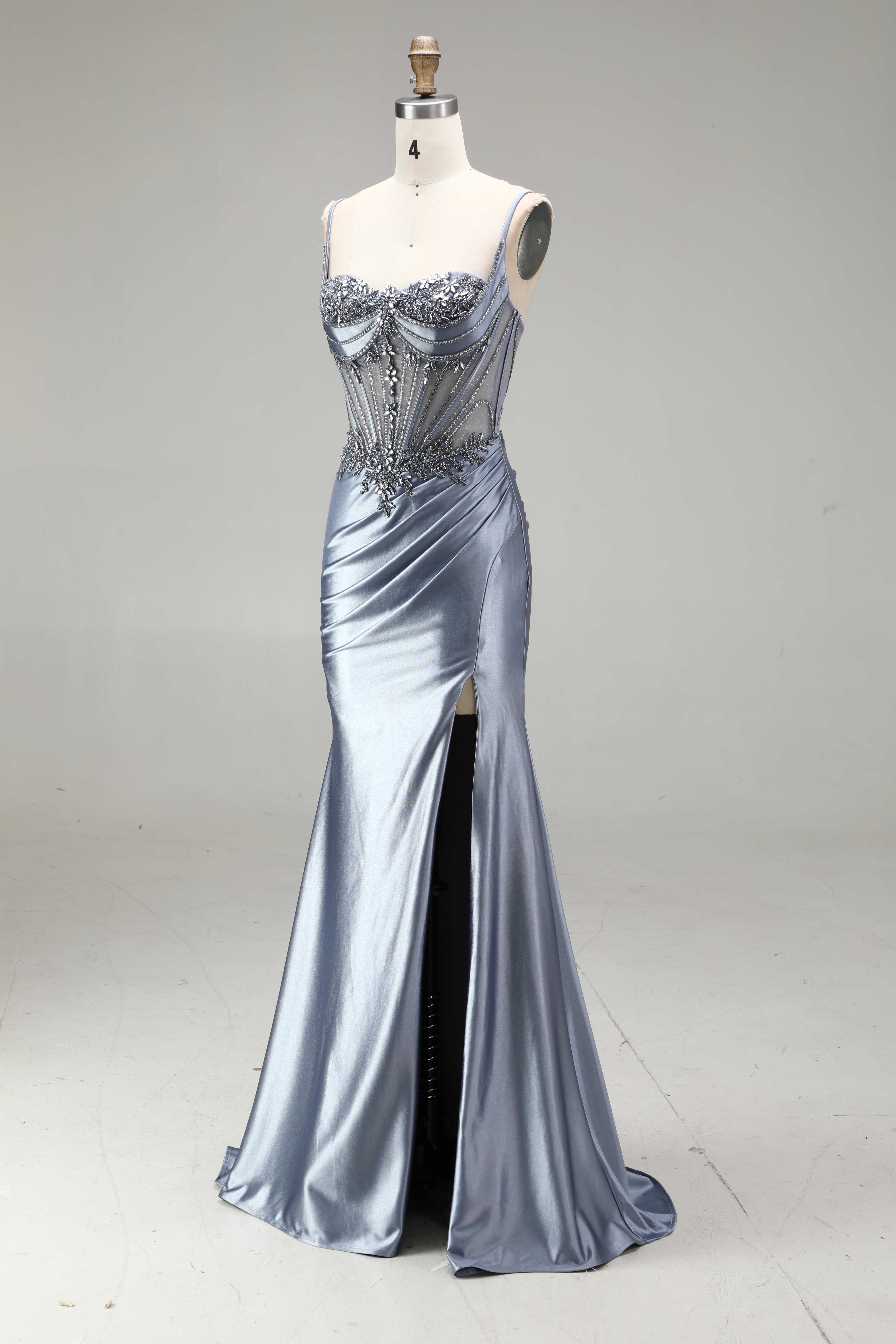 SPU -608S20LF005 Dusty Blue Satin Ruched Slit Mermaid Gown