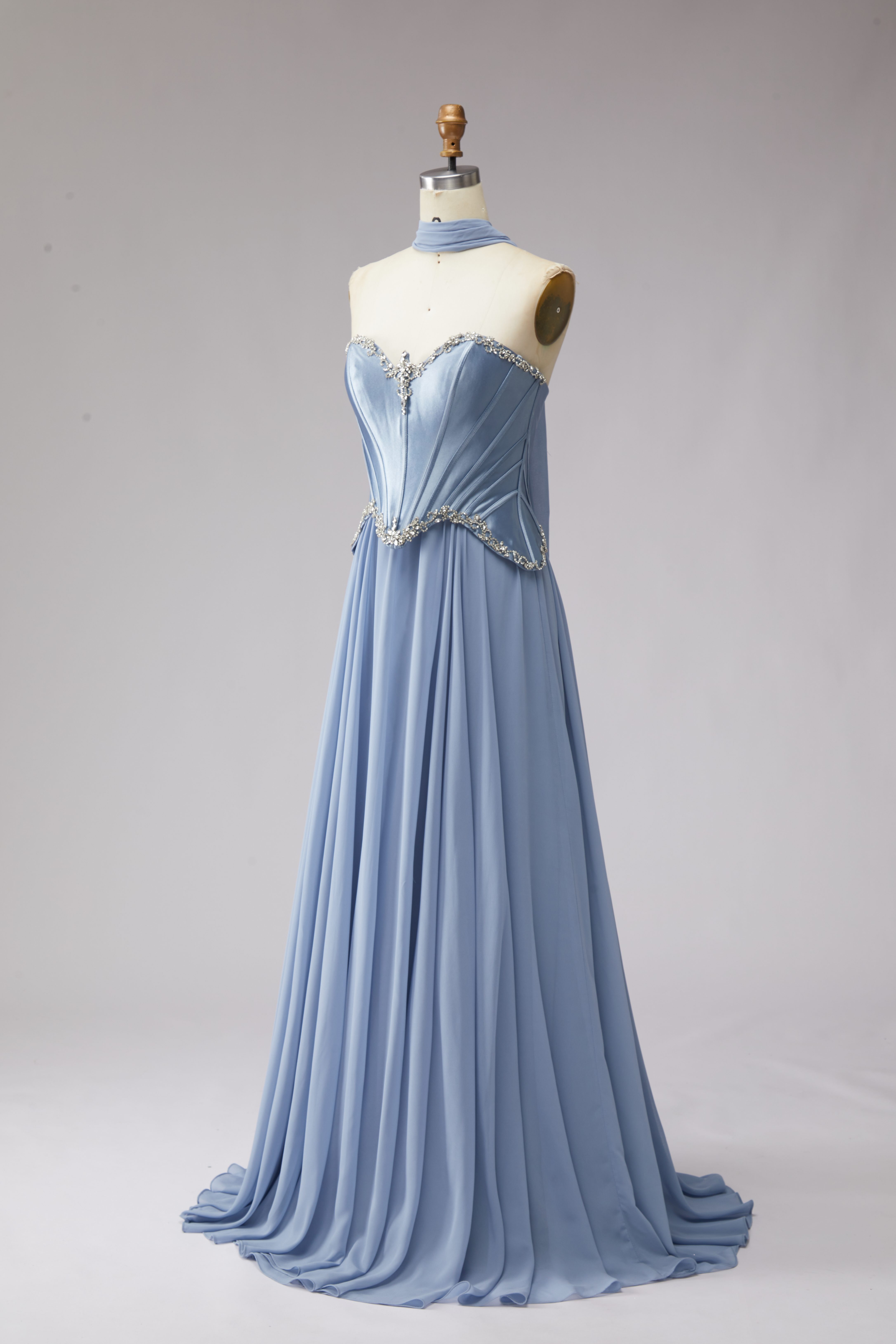 SPU - 608S20LF007 Slate Blue Strapless Sash Chiffon Gown
