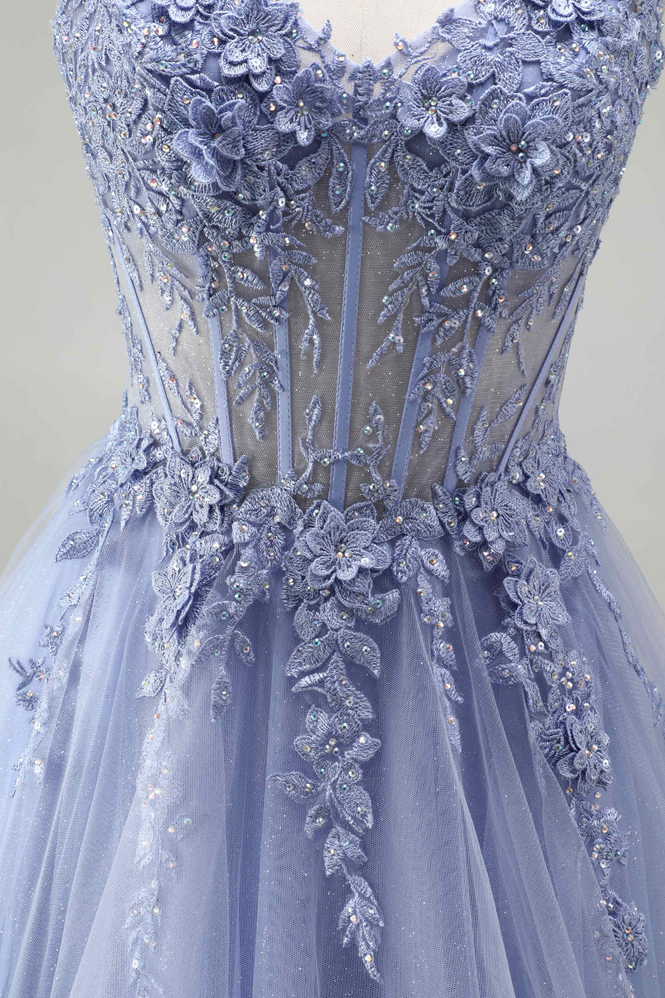 SPU - 608S20LF008 Lavender Blue Floral Tiered Tulle Gown