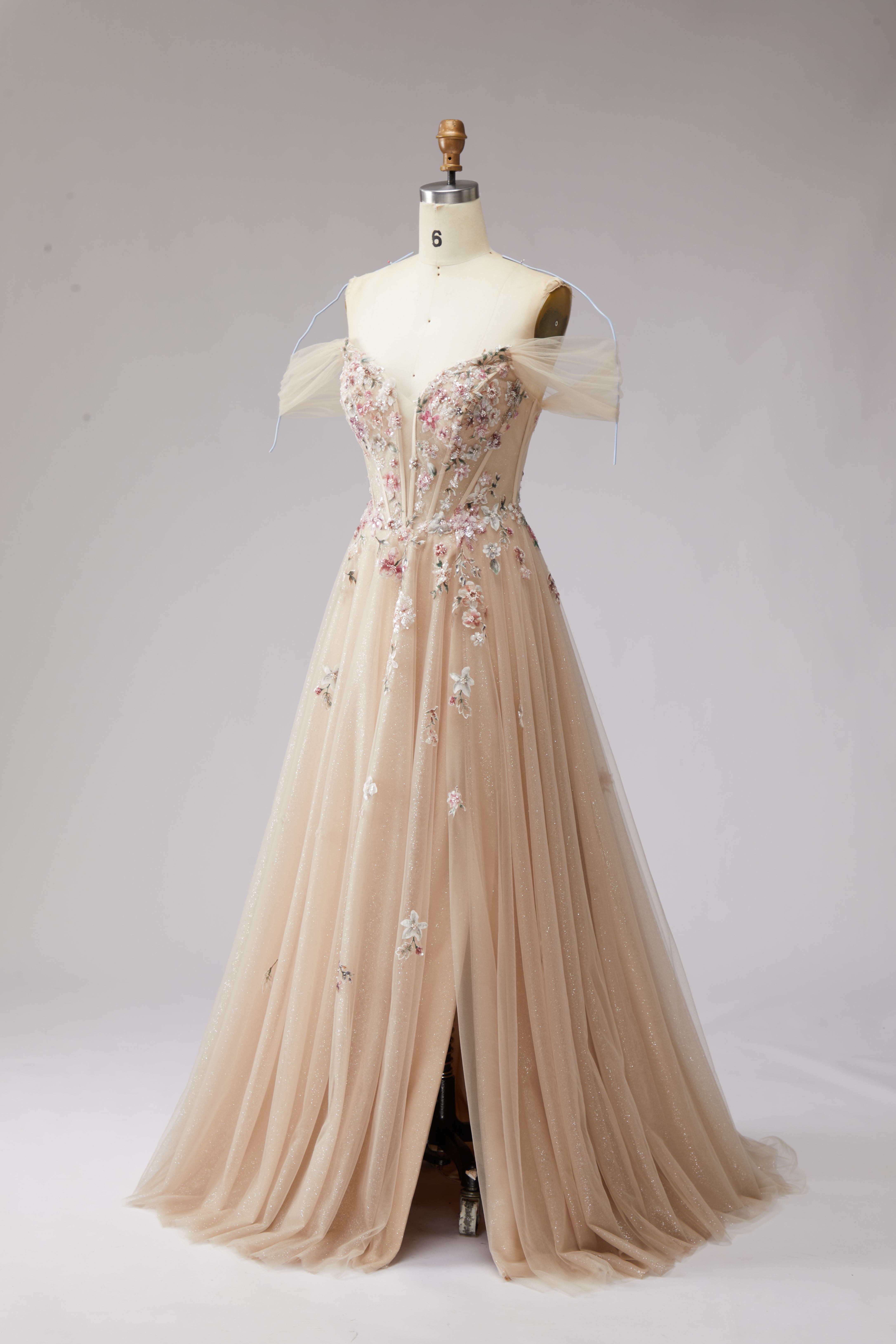 SPU - 608S20LF010 Champagne Floral Off‑Shoulder Tulle Gown