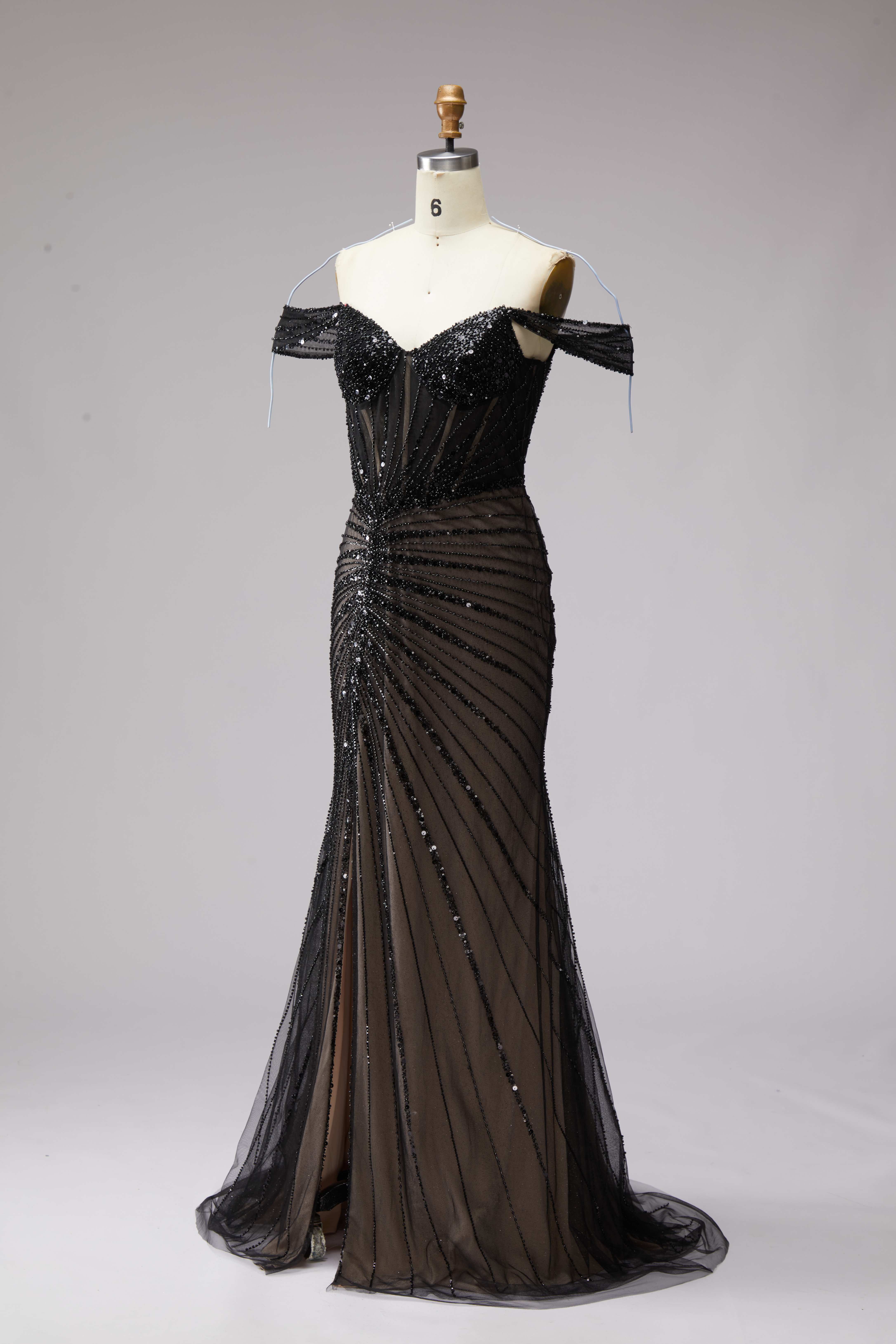 SPU - 608S20LF011 Black Beaded Sheer Off‑Shoulder Mermaid Gown