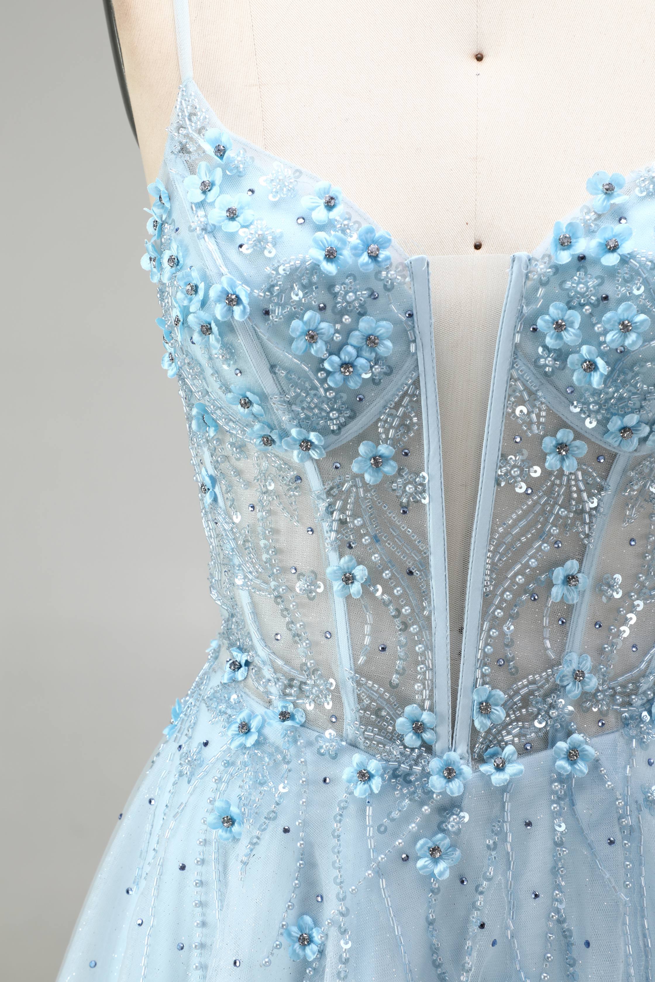 SPU - 608S20LF012 Sky Blue Beaded Spaghetti Strap A‑Line Gown