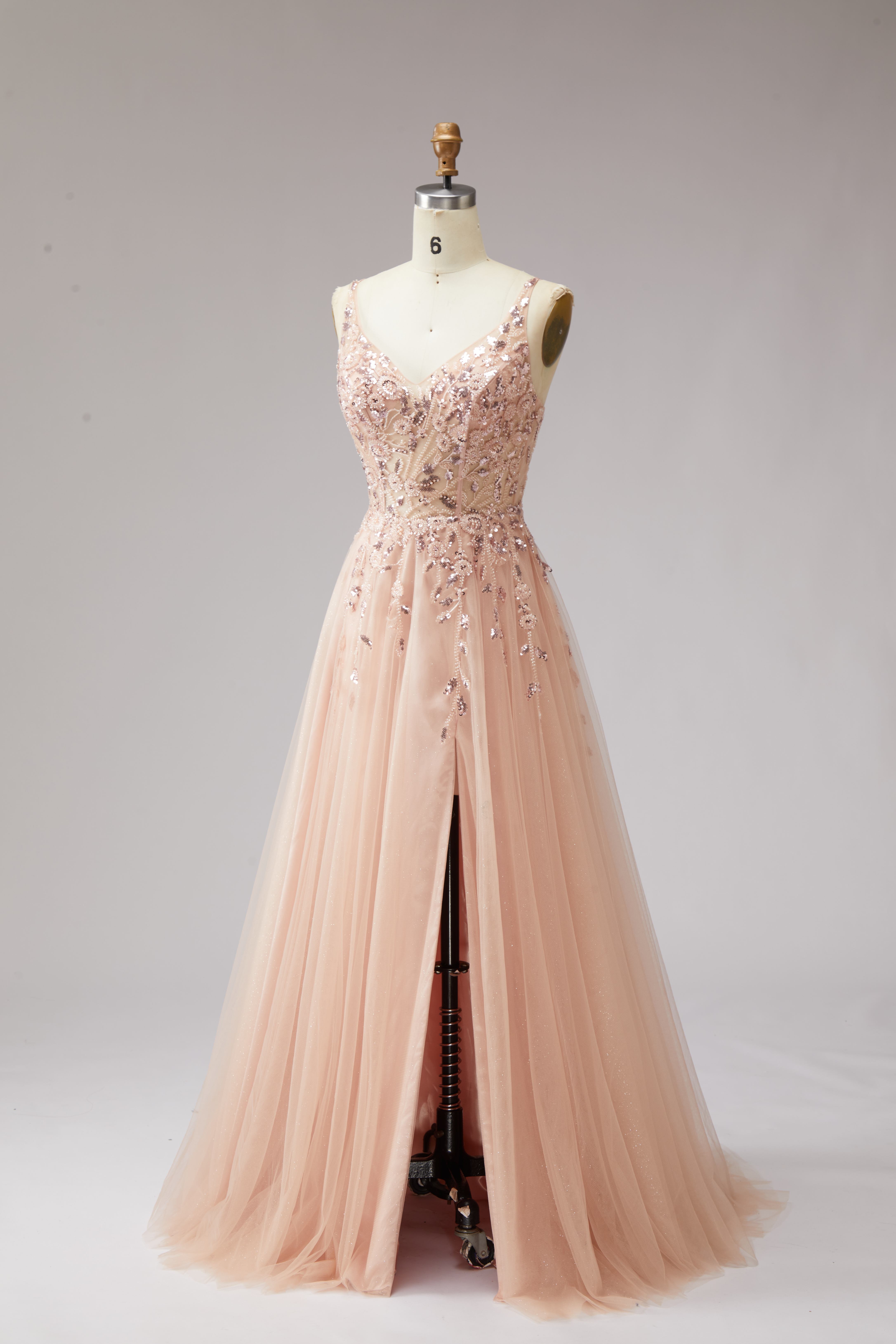 SPU - 608S20LF013 Blush Pink Sequin Spaghetti Strap Prom Gown