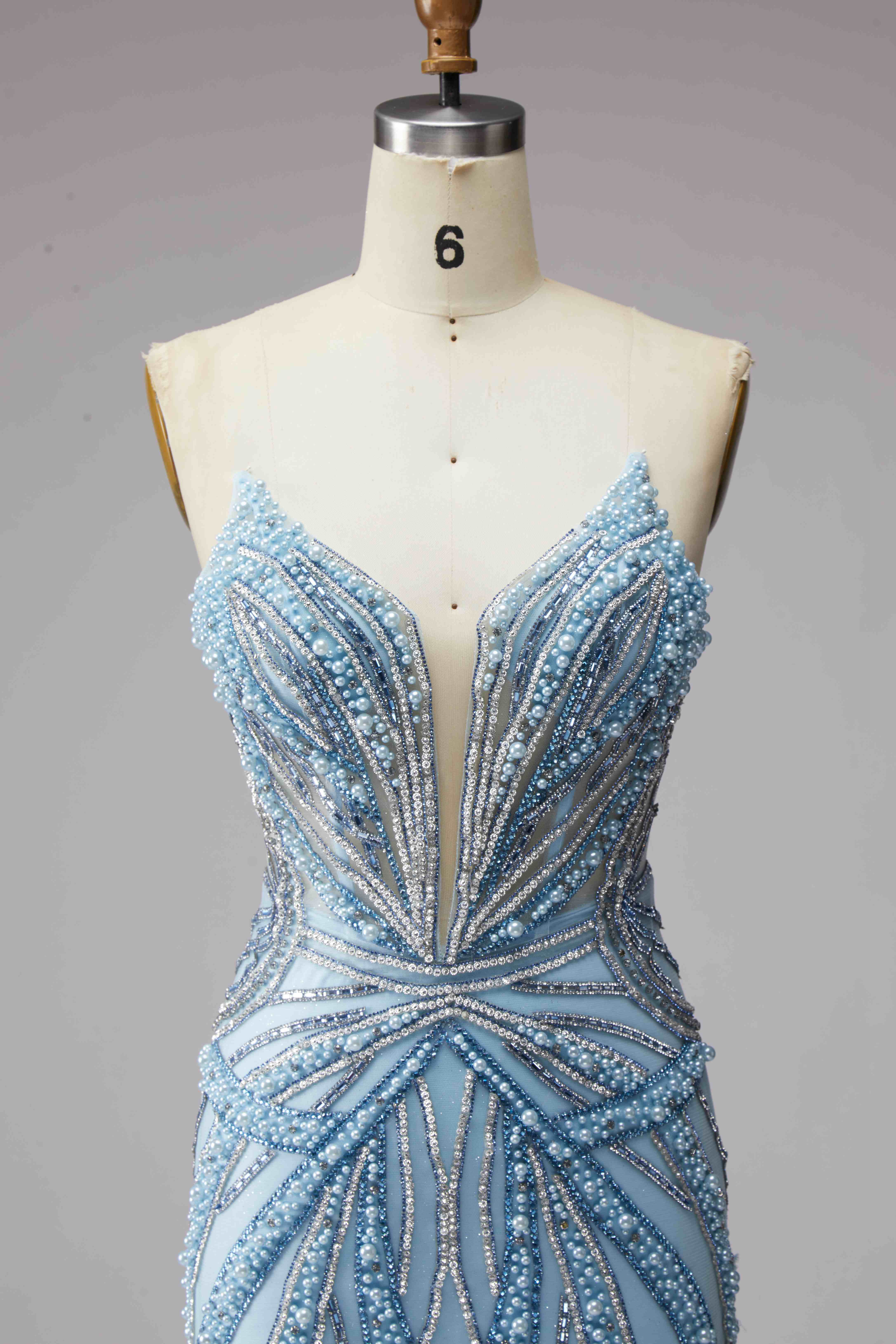 SPU - 608S20LF014 Sky Blue Beaded Strapless Mermaid Evening Gown