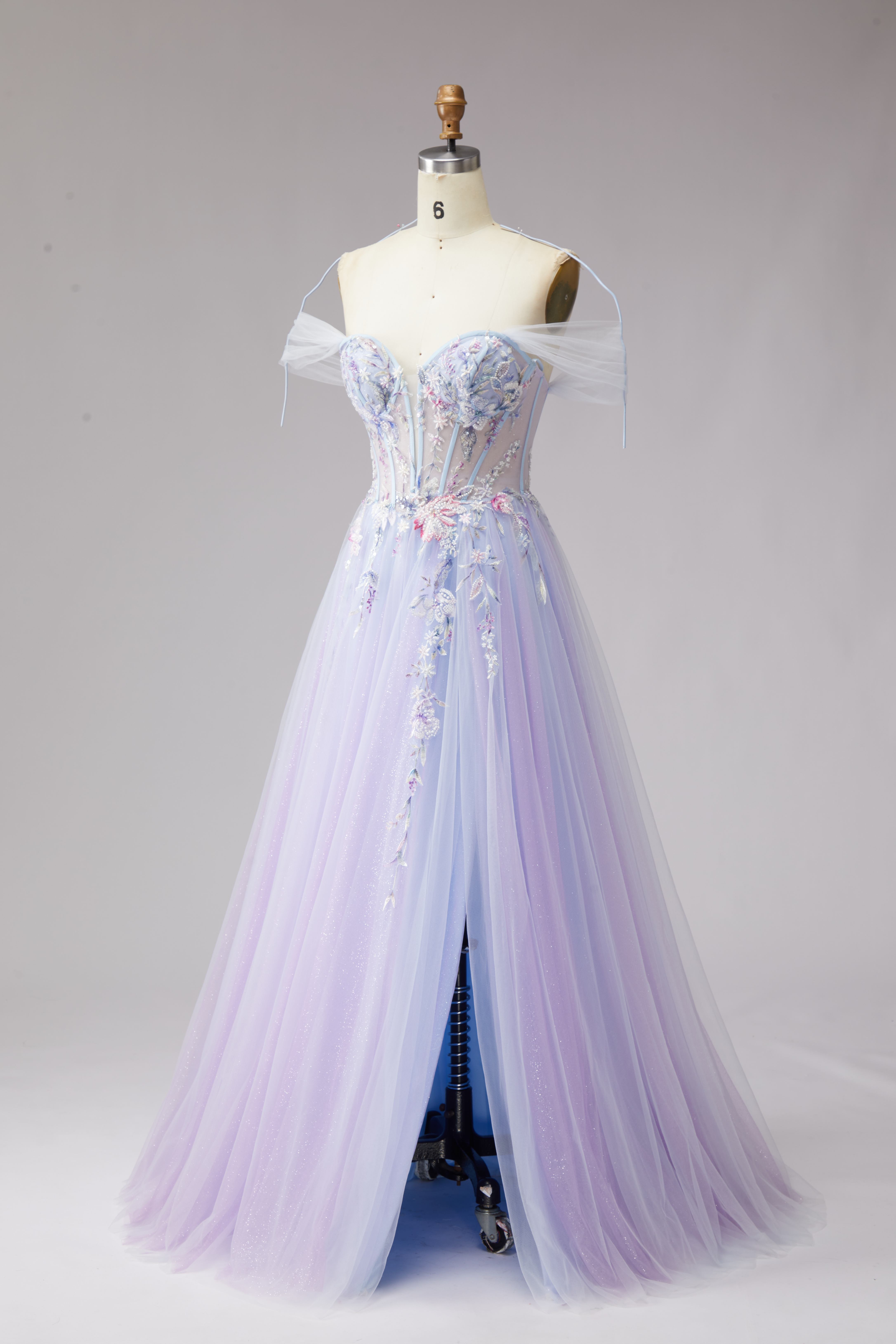 SPU - 608S20LF015 Lavender Floral Off‑Shoulder Tulle Gown