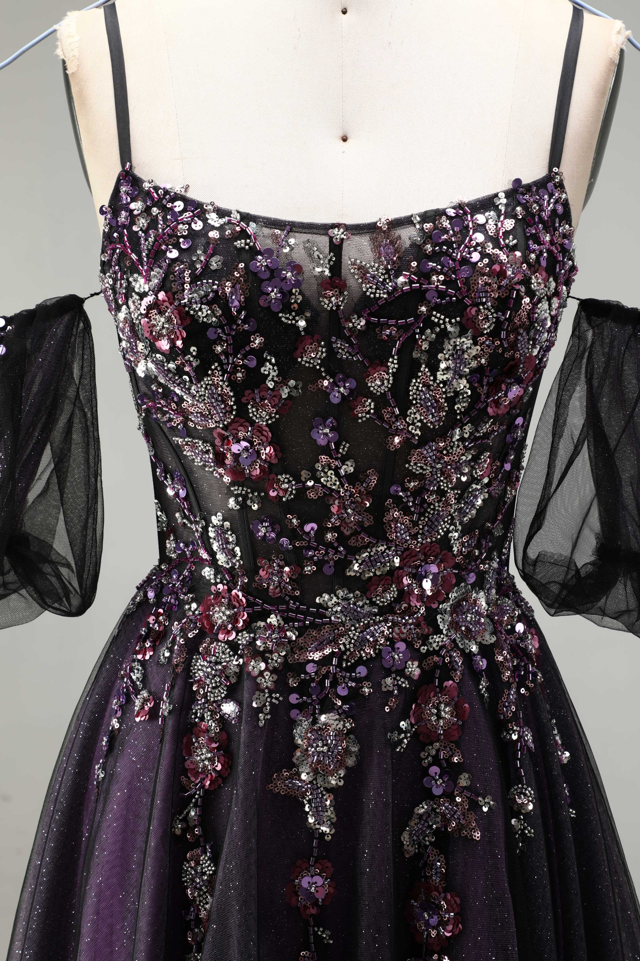 SPU - 608S20LF016 Dark Purple Floral Off‑Shoulder Tulle Gown