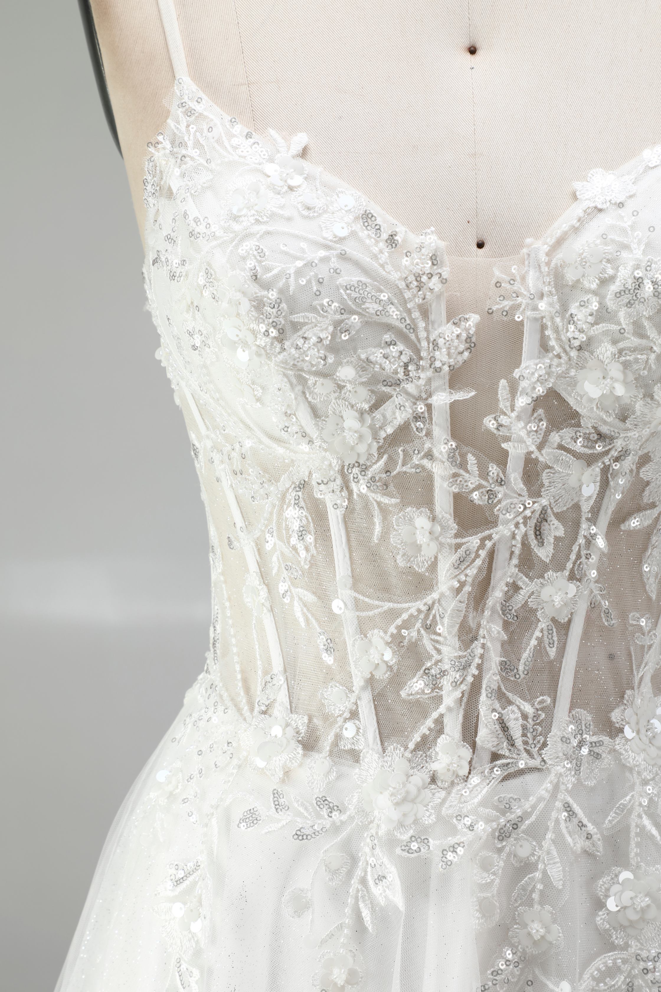 SPU - 608S20LF017 White Lace Spaghetti Strap A‑Line Wedding Gown