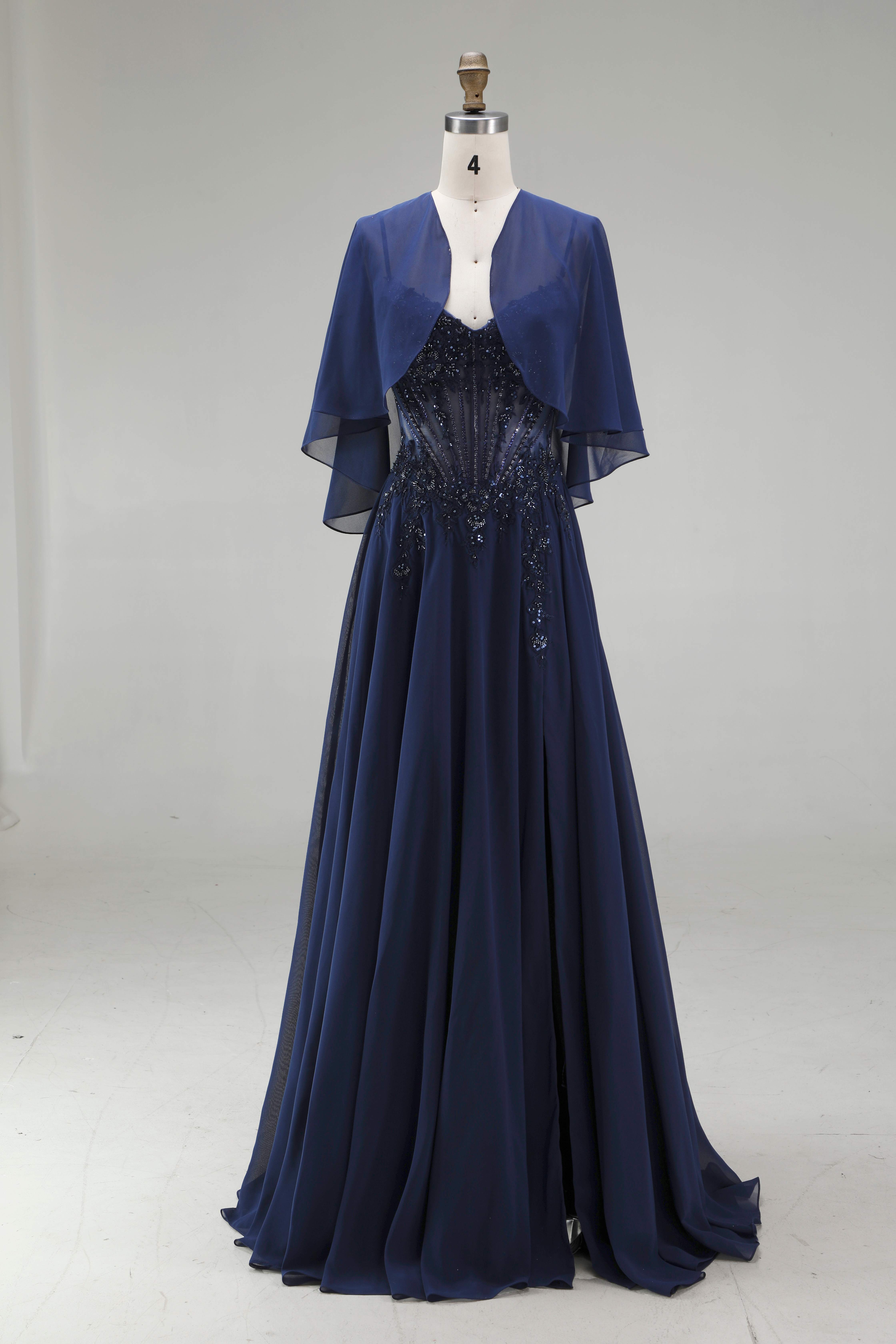 SPU - 608S20LF018 Navy Chiffon Corset Evening Gown