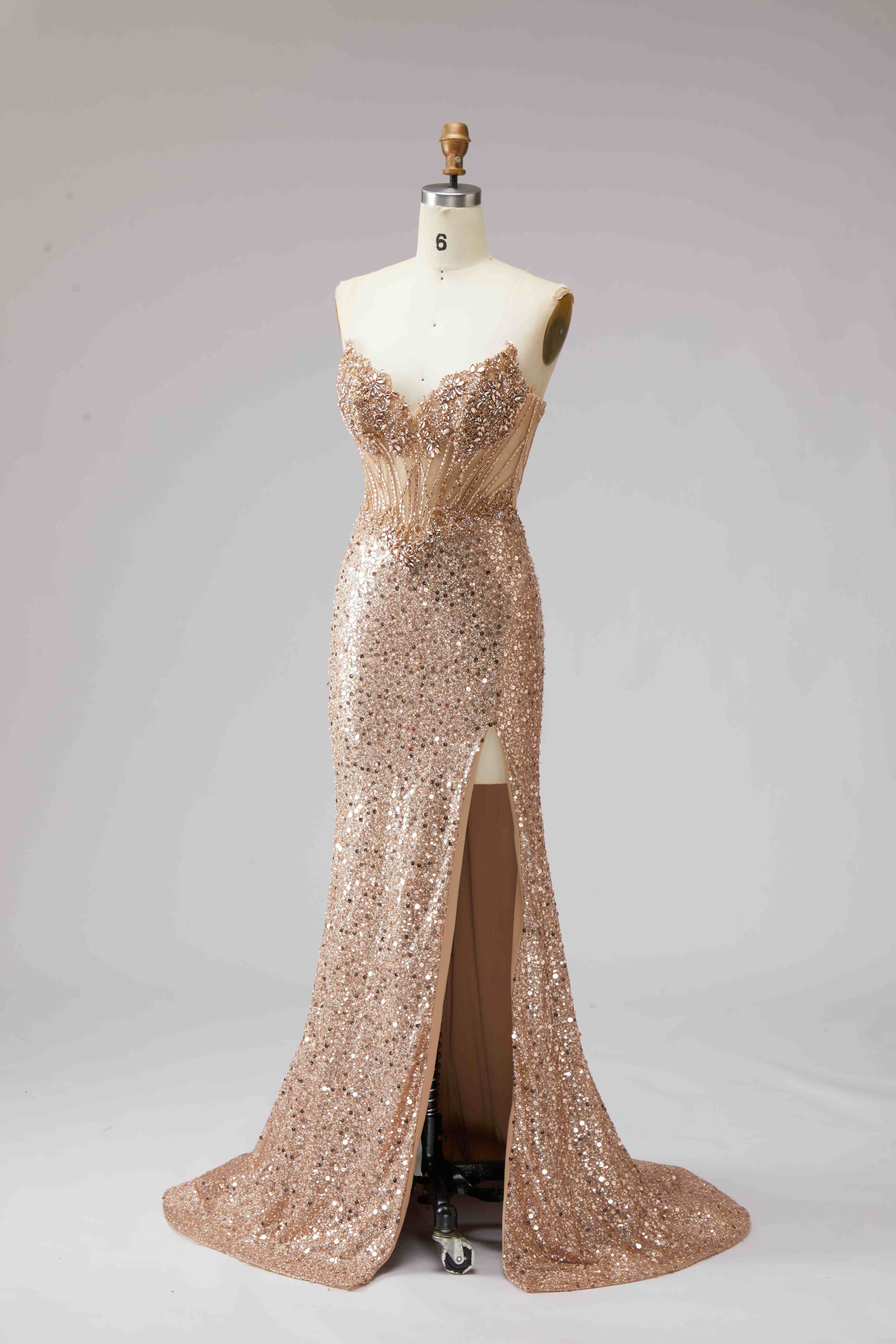 SPU - 608S40LF004 Rose Gold Sheer Corset Slit Mermaid Gown