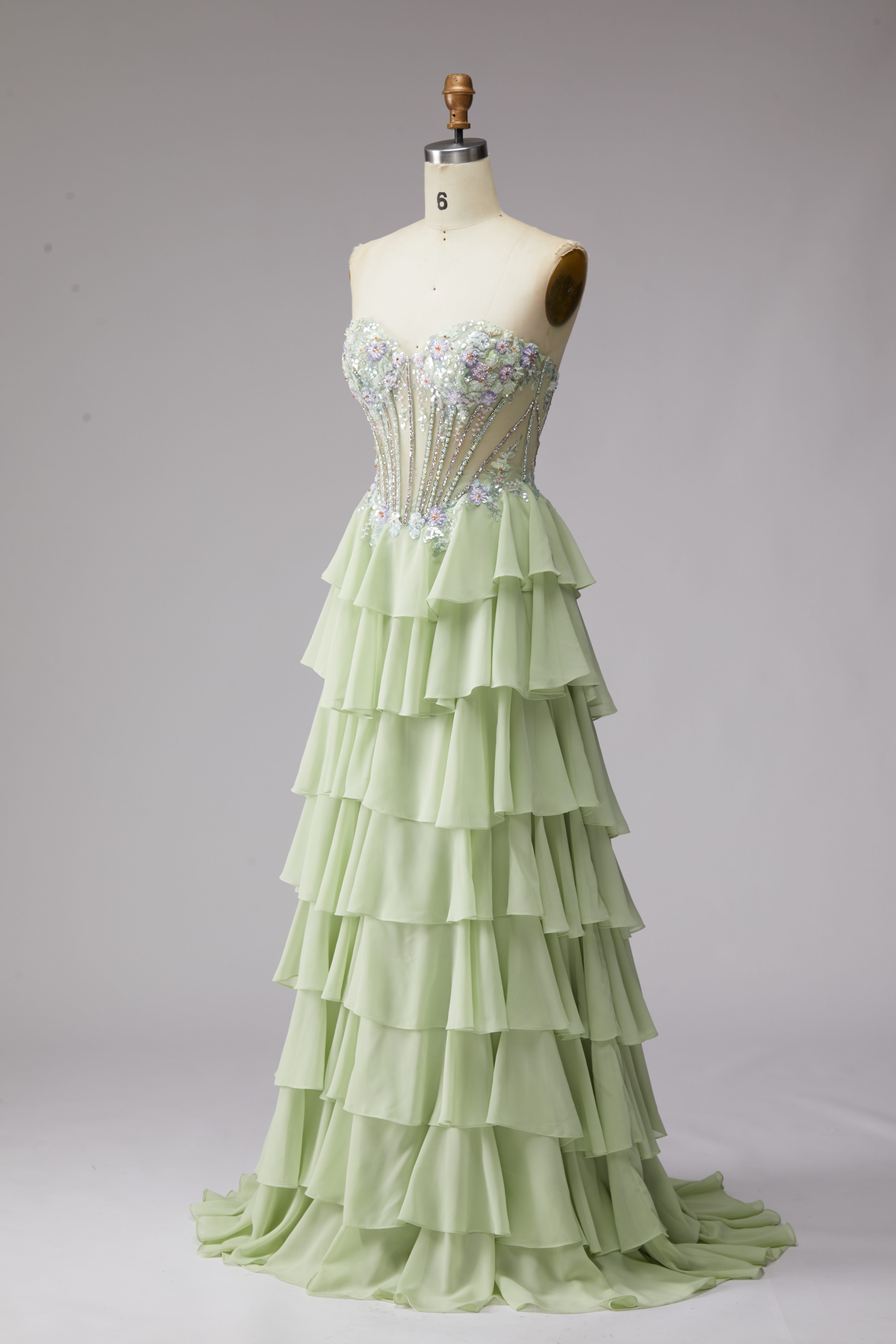 SPU - 608S20LF019 Lime Floral Tiered Prom Dress