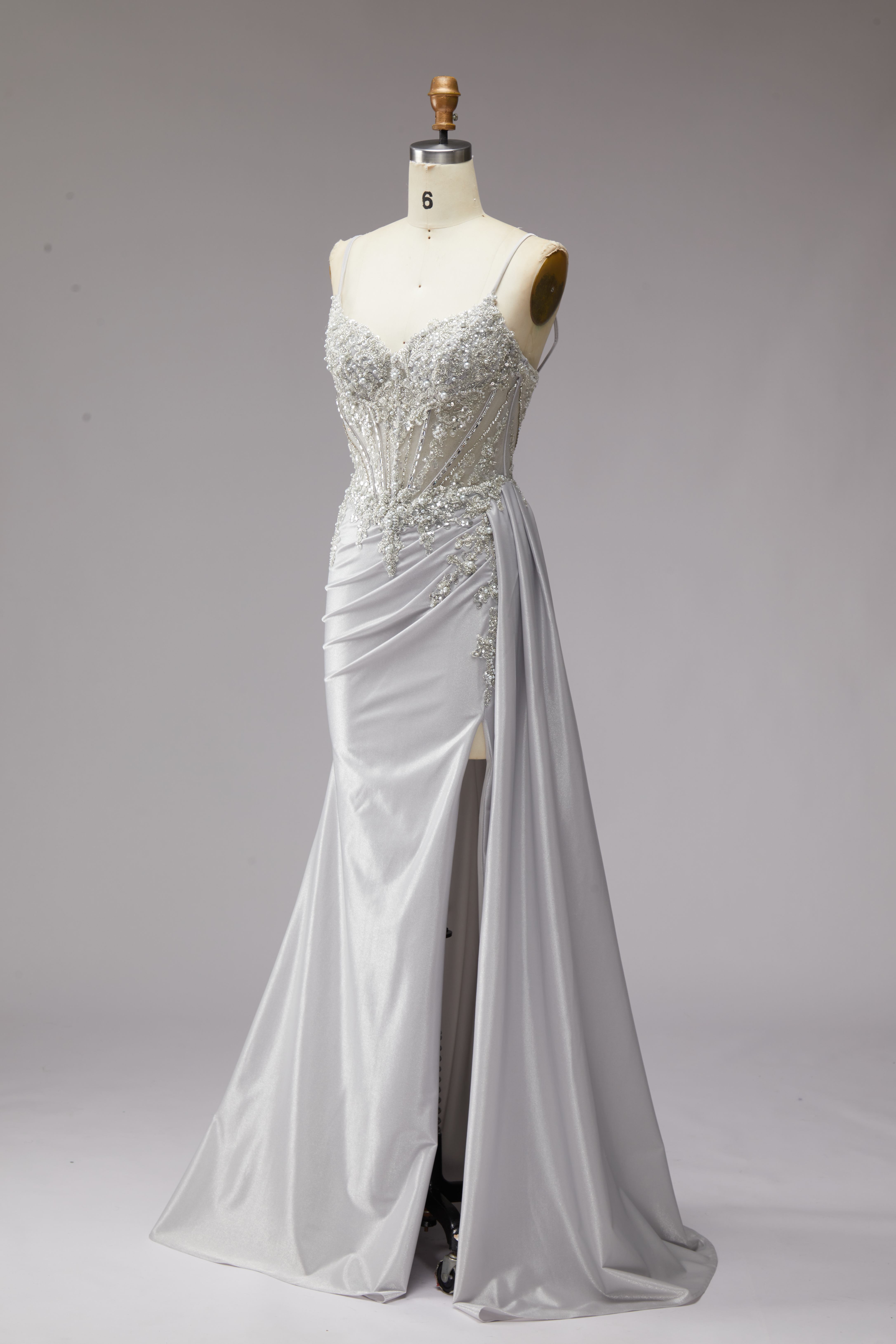 SPU - 608S20LF023 Silver Beaded Slit Prom Gown