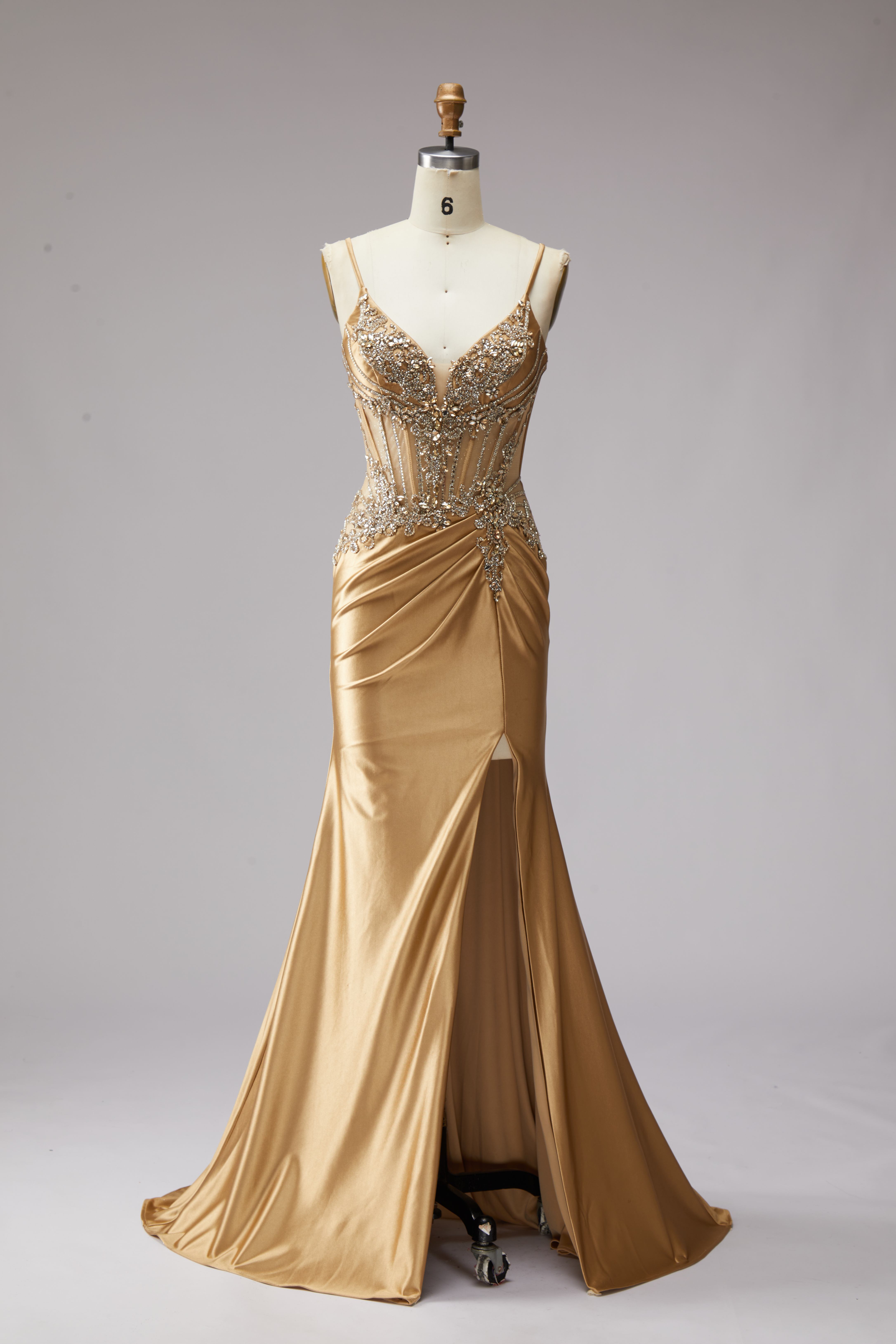 SPU - 608S20LF026 Gold Beaded Satin Evening Gown